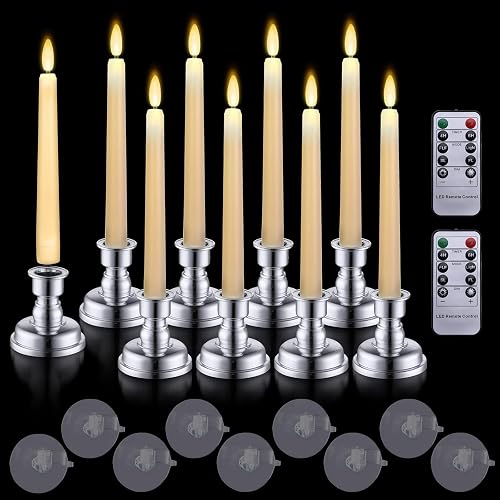 MIXALY 9PACK 8" LED 3D Wick Taper Candles with Remote Timer - Ivory Battery Operated Flameless Window Candles with Flickering Flame and Removable