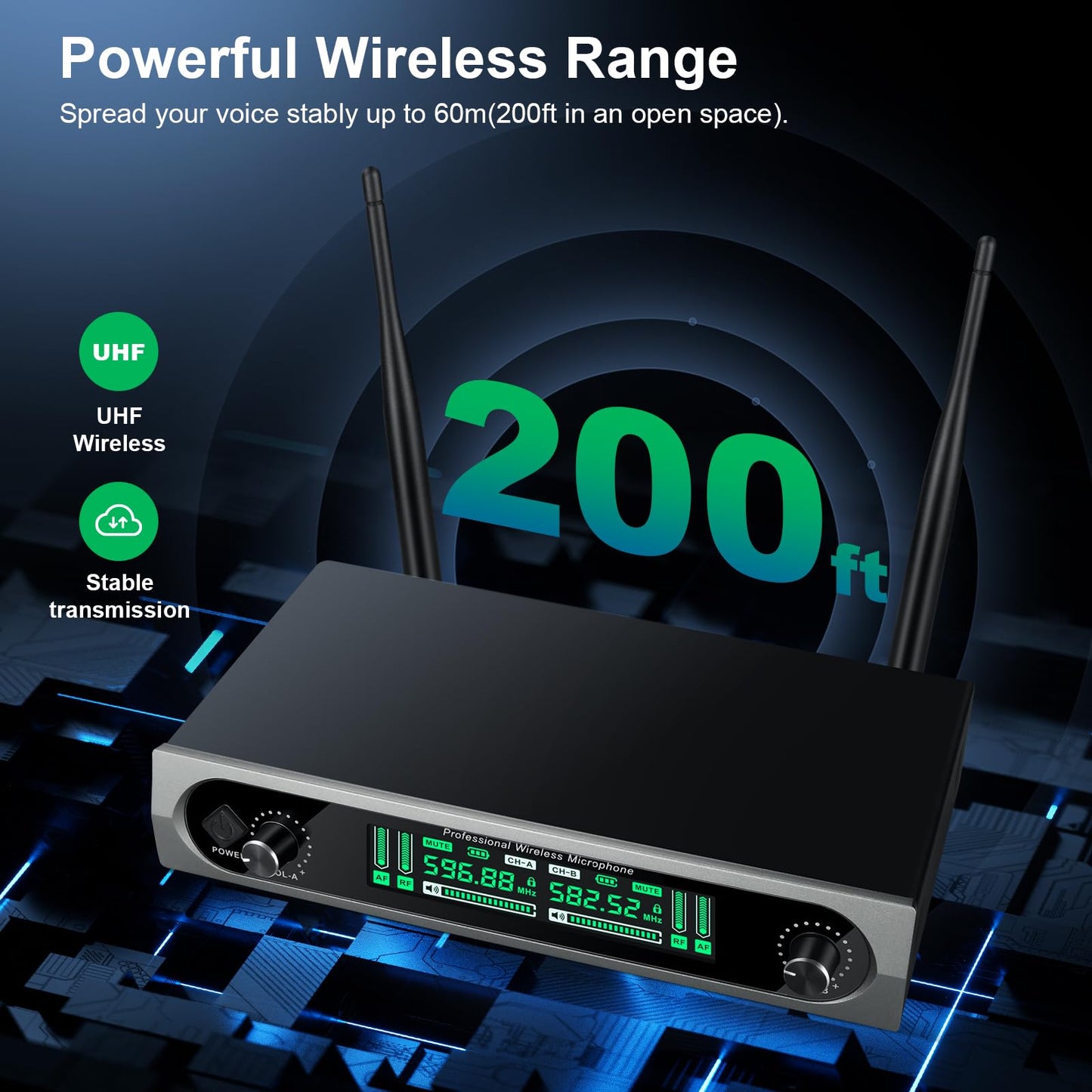 GDPONRM Wireless UHF Microphone System,W/2 Handhelds,Auto Scan,2x50 UHF Frequencies,200ft Range,Dynamic Microphone for Singing,Karaoke,Church