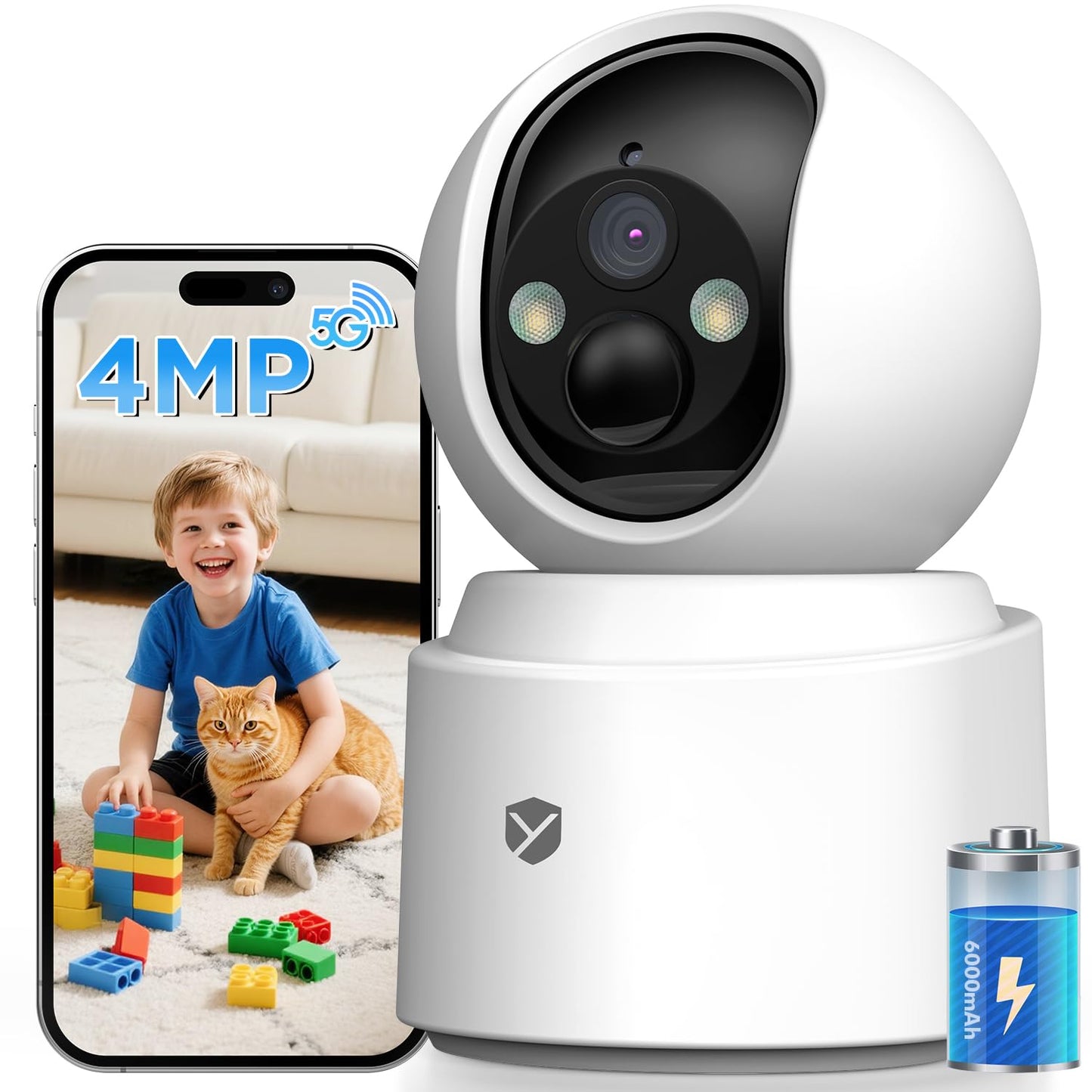 Battery Powered pet camera,true Wireless Indoor Camera, 4MP 2.5K WiFi Camera with Color Night Vision, 355° Pan Tilt, Motion Detection, 2-Way Audio