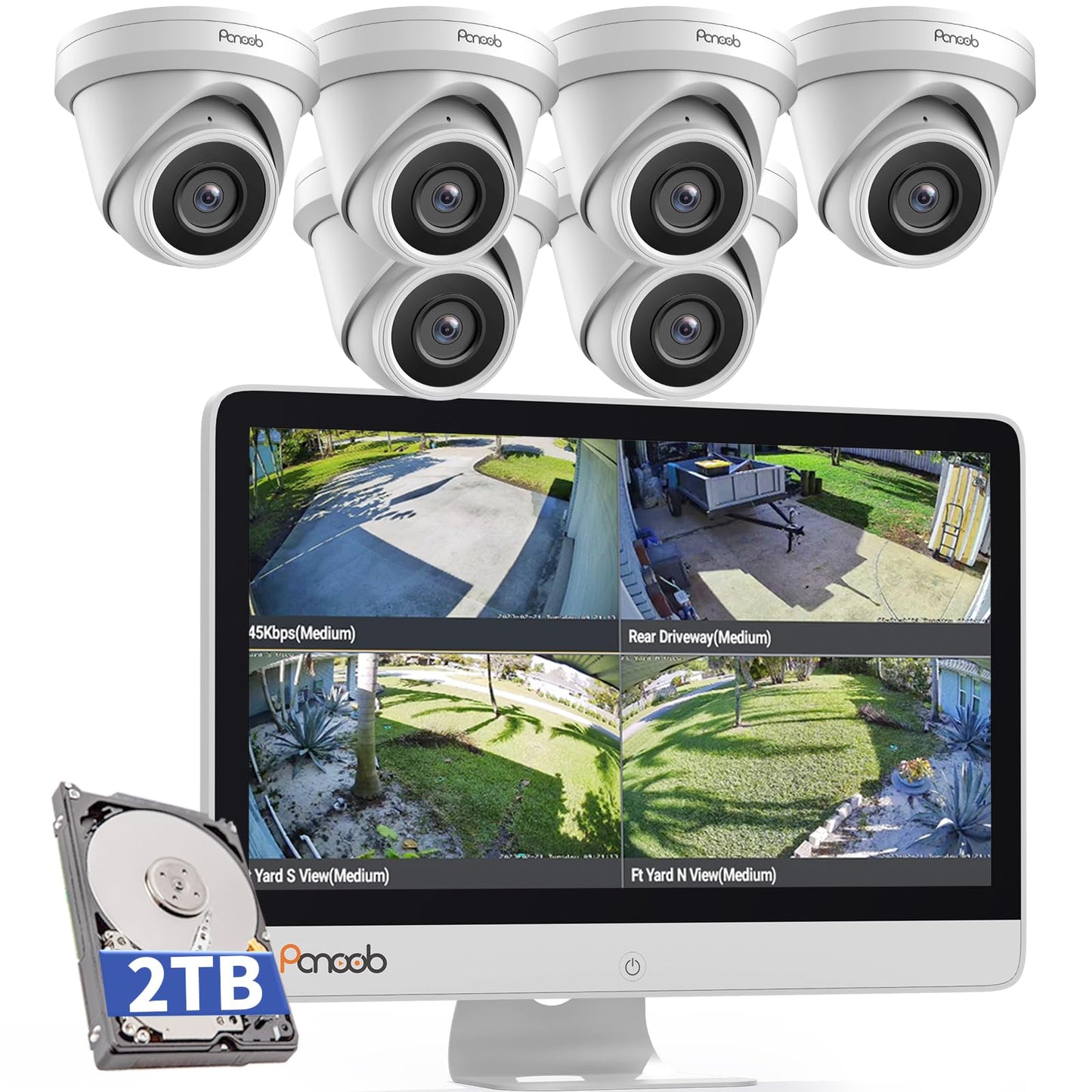 PANOOB Security Camera System with Monitor, 8CH 8MP NVR with 2TB HDD, 6Pcs IR Dome Wired 5MP PoE IP Camera IP67 Outdoor, Night Vision, Smart AI Human