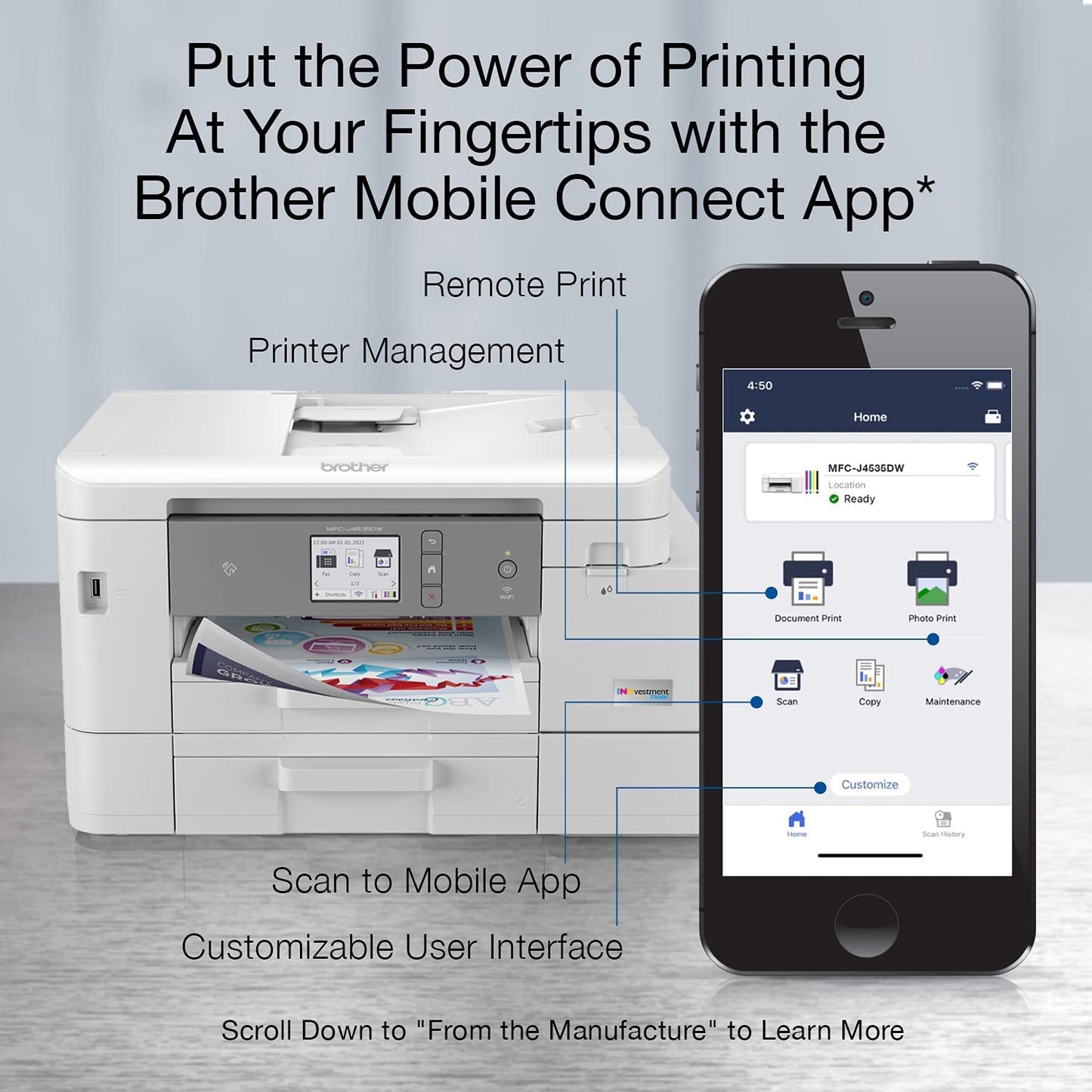 Brother MFC-J4535DW INKvestment Tank All-in-One Color Inkjet Printer with NFC, Duplex and Wireless Printing Plus Up to 1-Year of Ink in-Box, Works
