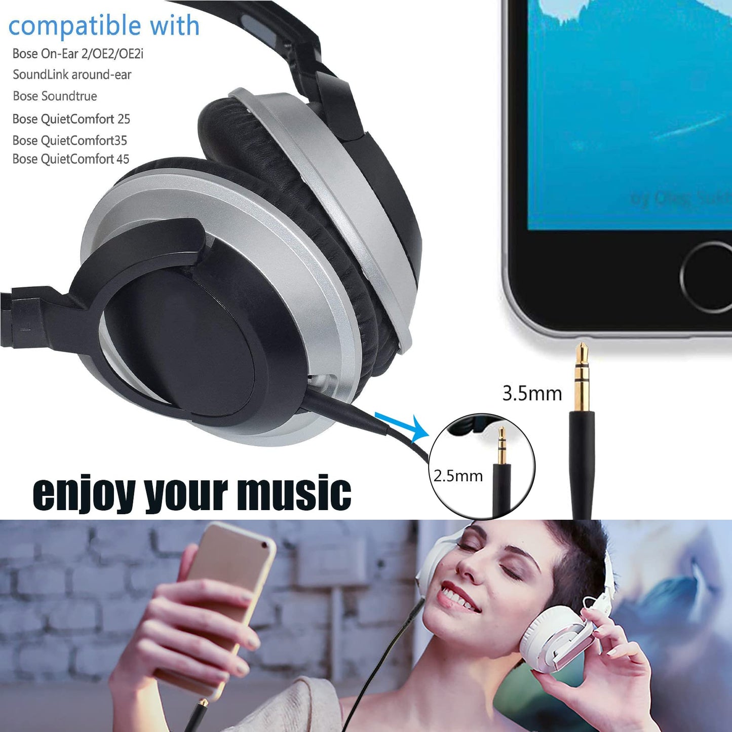 QC35 Cable 3.5 to 2.5 Extension Cord Replacement Audio Cable Line Compatible with Bose QuietComfort 45/35 II Wireless Headphones 700 / QC35 II / QC35…