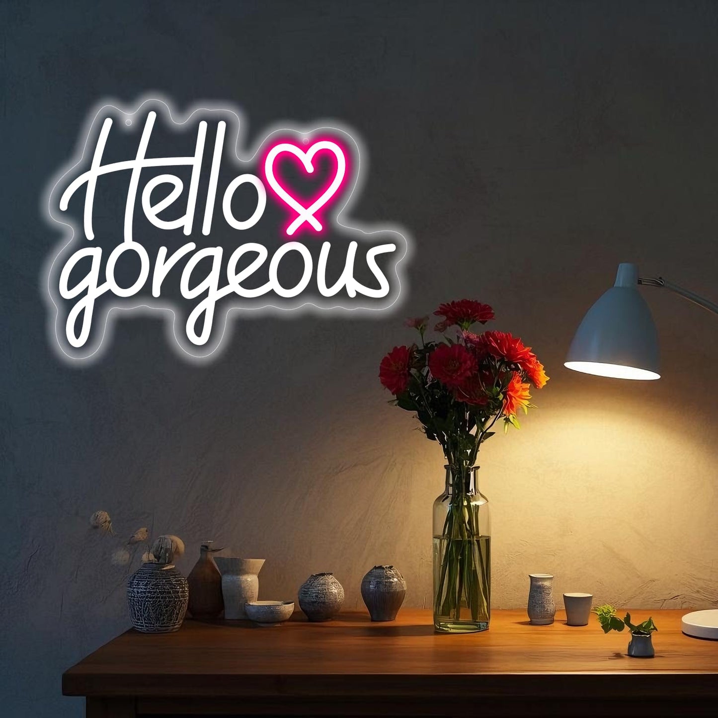 Hello Gorgeous Neon Sign - Neon Light for Bedroom, Bar, Wedding Decor, 5V USB Powered, Dimmable LED Wall Art, Gift(15x10.8inch)