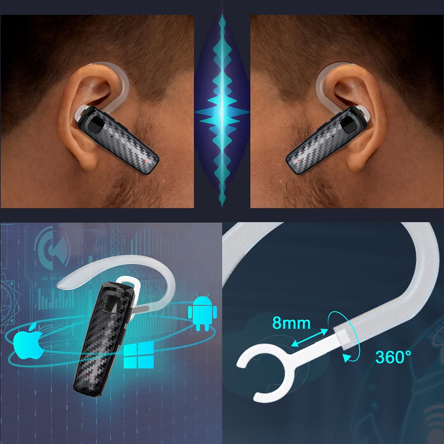 LEKOYE Bluetooth Headset, CVC8.0 Handsfree Bluetooth Earpiece, 16 Hrs Talk Time Noise Cancelling Single Ear Wireless Headset for Office Driving