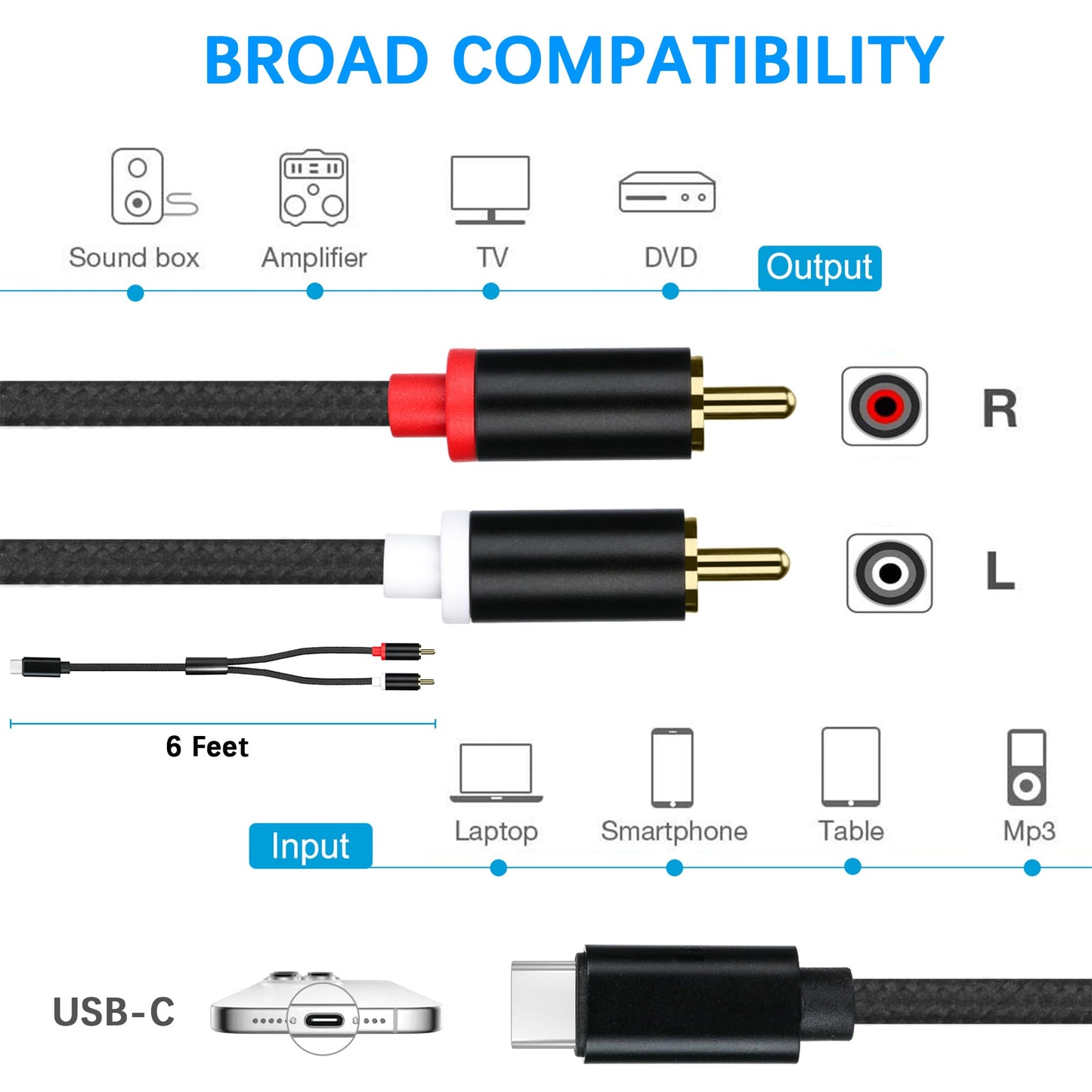 WORLDBOYU USB C to RCA Cable Audio Aux Adapter, Stereo Y Splitter Adapter for Select iPhone, iPad and iPod Models for Power Amplifier, Car, Home