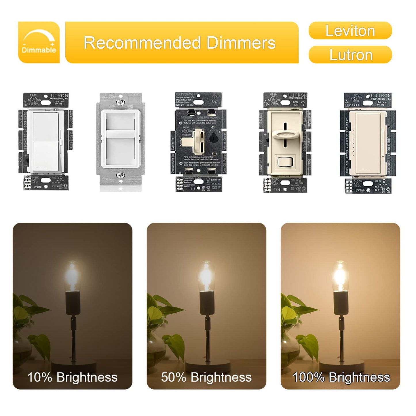 EQ Lighting Dimmable T45 LED Edison Bulb, 2W 3000K Soft White, E26 Standard Base T14 LED Filament Tubular Light Bulb, 25Watt Equivalent Incandescent