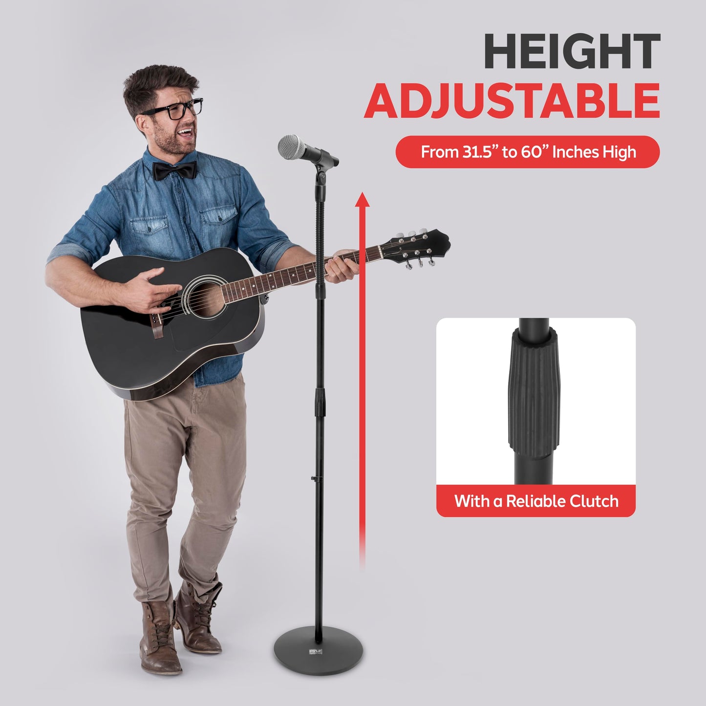 Pyle Universal Microphone Stand - M-6 Mic Holder USA Standard Adapter and Height Adjustable from 31.5” to 60” Inch High w/ Pivotable Gooseneck Mount