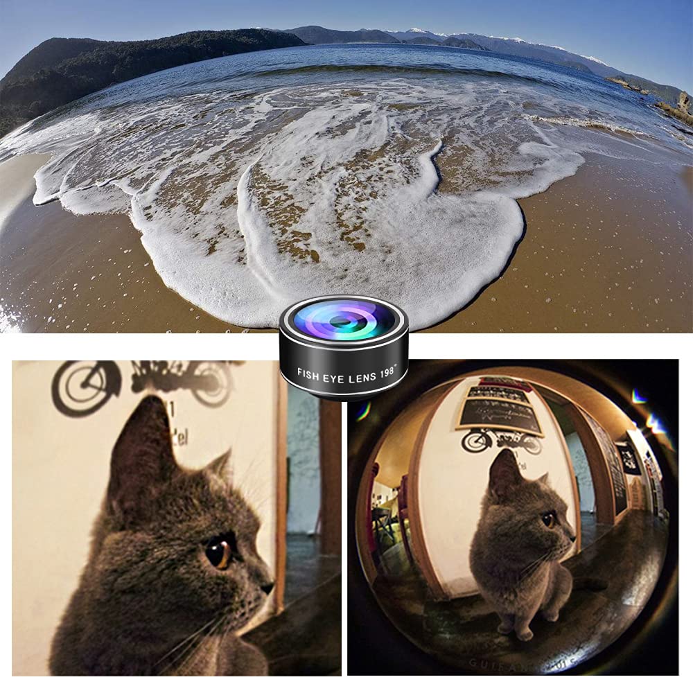 Phone Camera Lens Kit, 11 in 1 Cellphone Lens Kit for iPhone and Android, 0.63X Wide Angle+15X Macro+ 198°Fisheye+Telephoto+CPL/Flow/Radial/Star/Soft