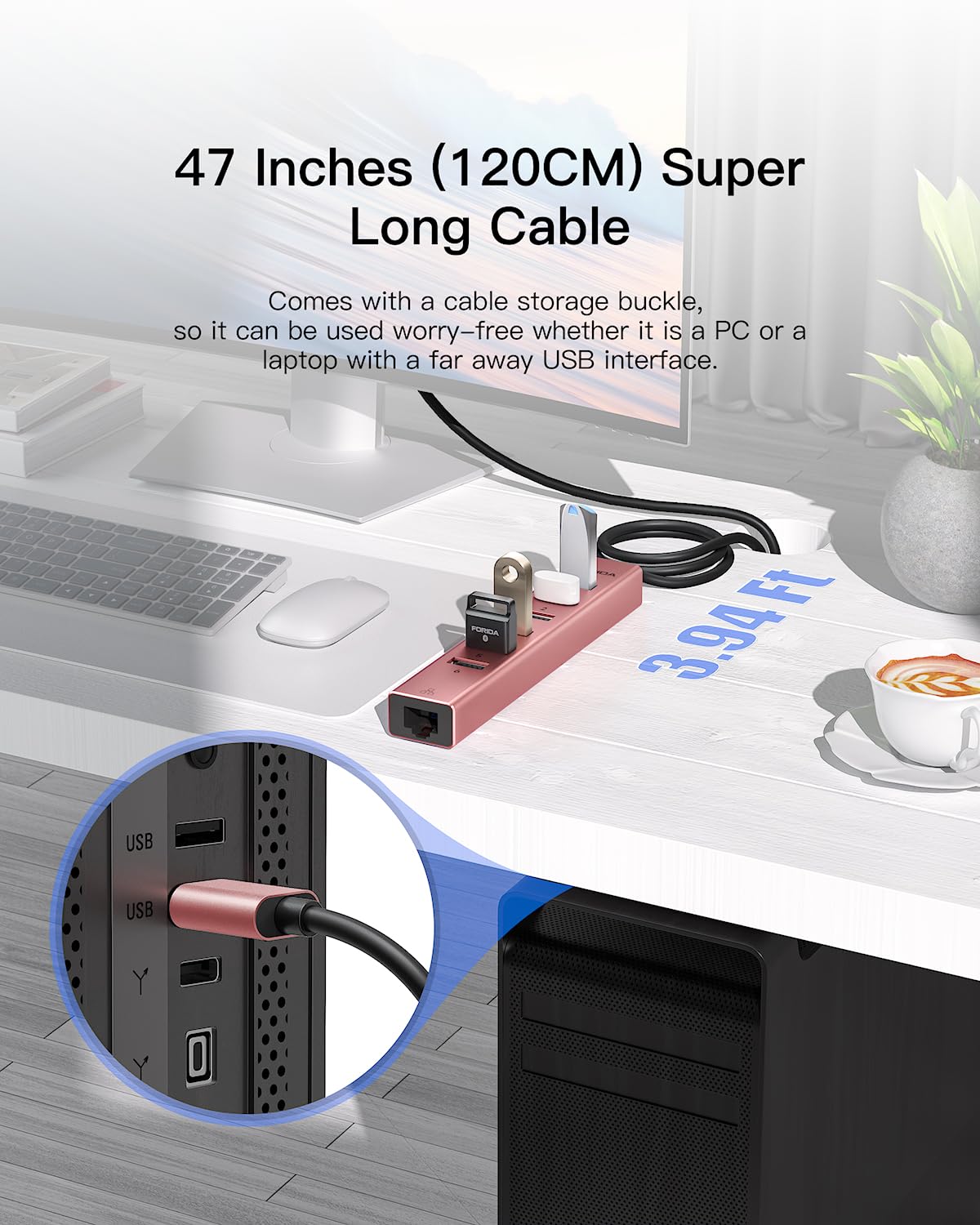 Aluminum USB 3.0 Adapter USB to Ethernet HUB with 120CM Long Cable for Laptop USB Extender with Gigabit Ethernet Port and 5V/3A Power Port 7 Ports USB