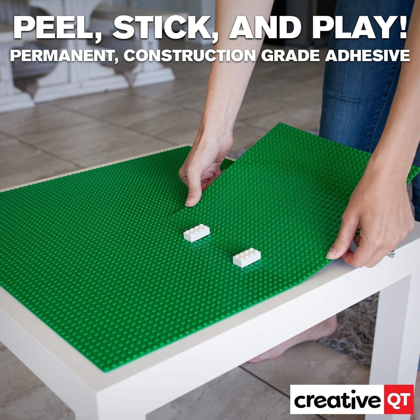 Creative QT MakerBase 4-Pack Green 10"x10" – Peel & Stick Stackable Baseplates for Play Tables, Walls & More, Compatible with Bricks