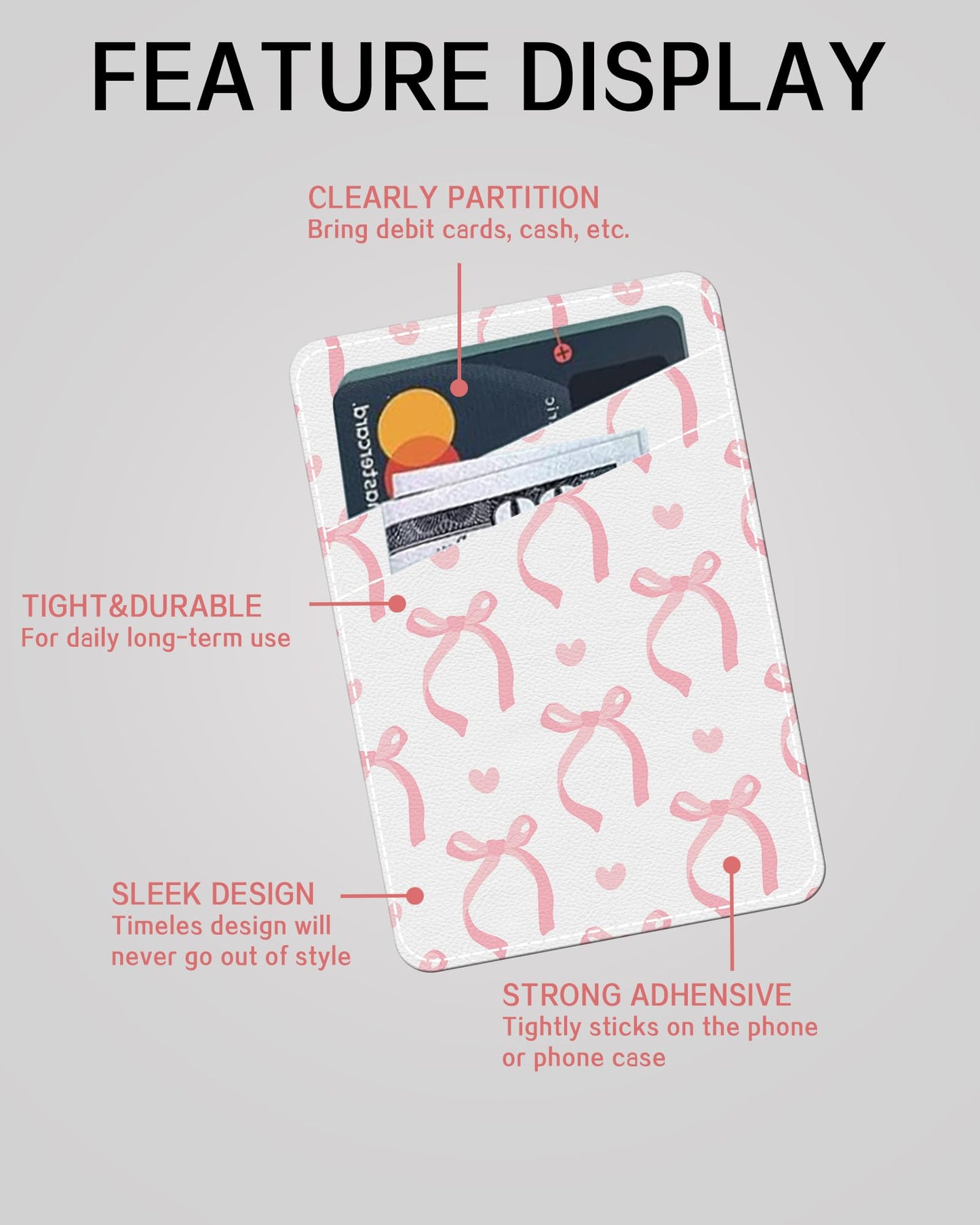AWHSCP Cute Pink Bow Phone Wallet, Dual Pocket Credit Card Sticky Wallet, Compatible with Most Cell Phones, Adults, Unisex, Faux Leather, Phone