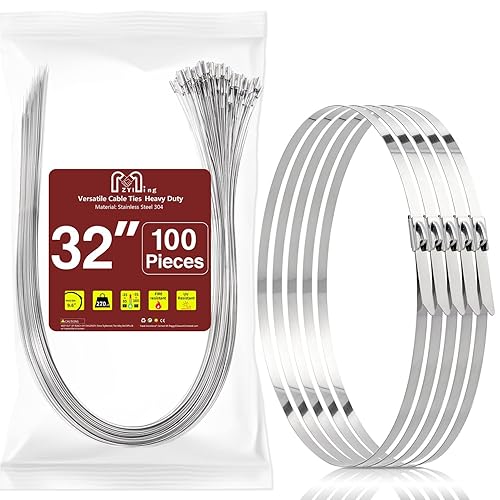 32inch Stainless Steel Zip Ties 100 Pack Metal Cable Ties Heavy Duty Self-locking Wire Ties High Temp Zipties Chain Link fence Ties Multi Purpose