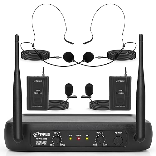 Pyle Dual Channel Wireless Microphone System - VHF Fixed Dual Frequency Wireless Mic Receiver Set with 2 Lavalier, 2 Headset Mics, 2 Transmitter