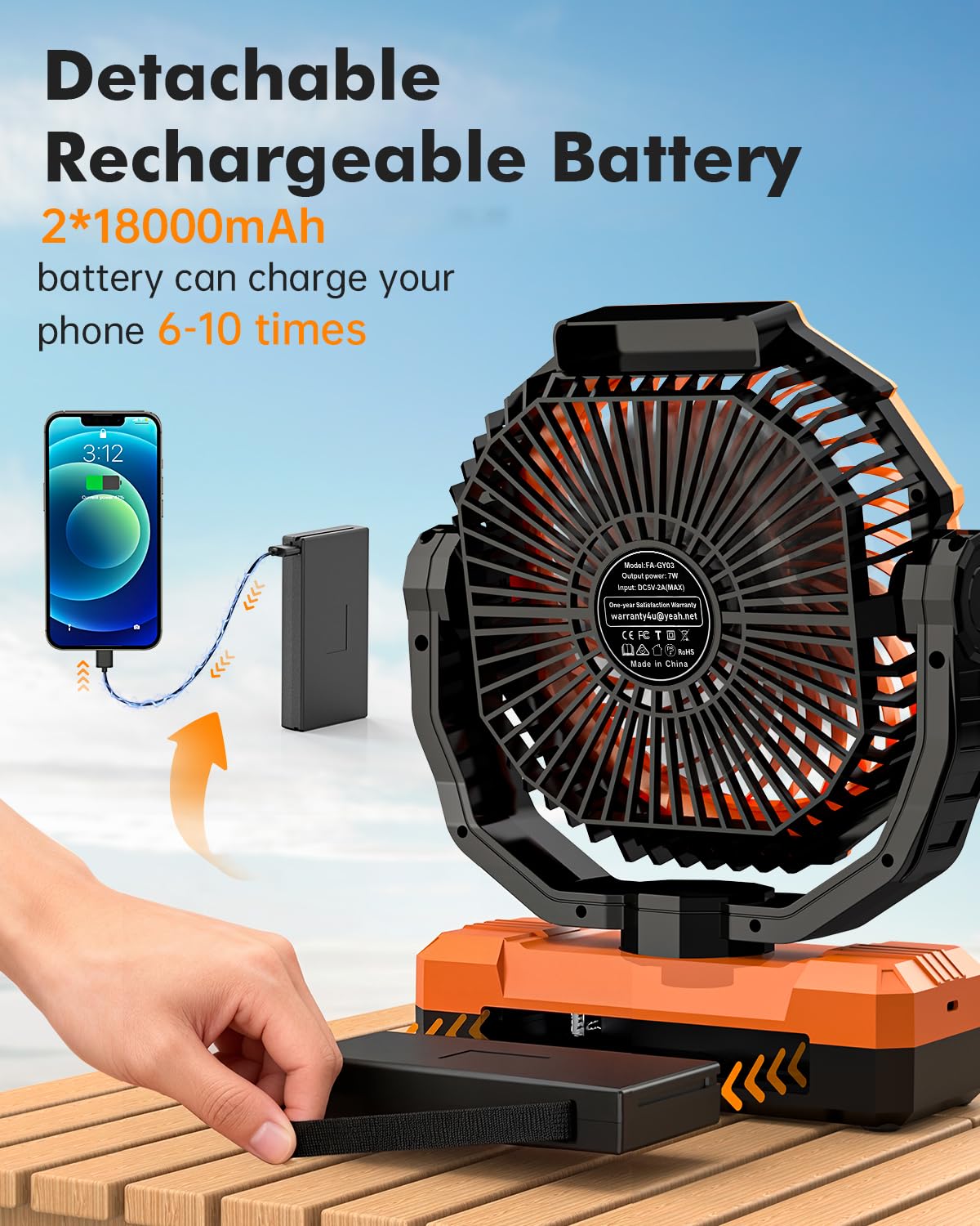 Wavmill 36000mAh Camping Fan, Detachable Rechargeable Portable Battery Fan