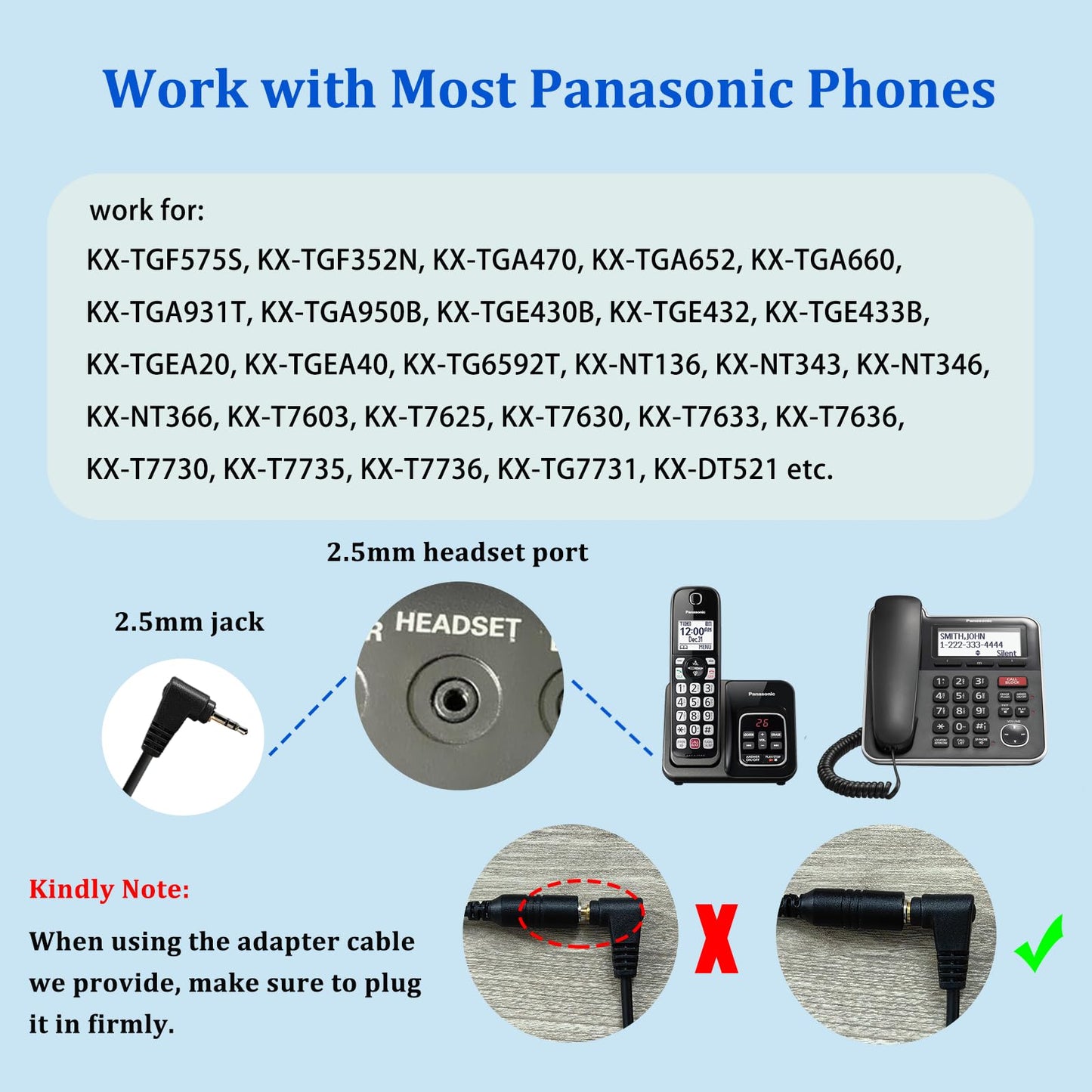 Callez Cordless Phone Headset with Noise Cancelling Mic & Volume Controls, 2.5mm Telephone Headphone Compatible with Panasonic VTech AT&T Cisco SPA