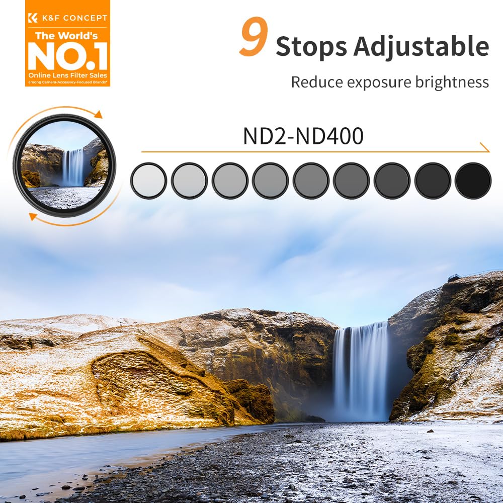 ND Filter 52MM, K&F CONCEPT Professional 52MM Fader Variable Neutral Density Adjustable ND Filter ND2 to ND400 for Nikon D5300 D5200 D5100 D3300 D3200