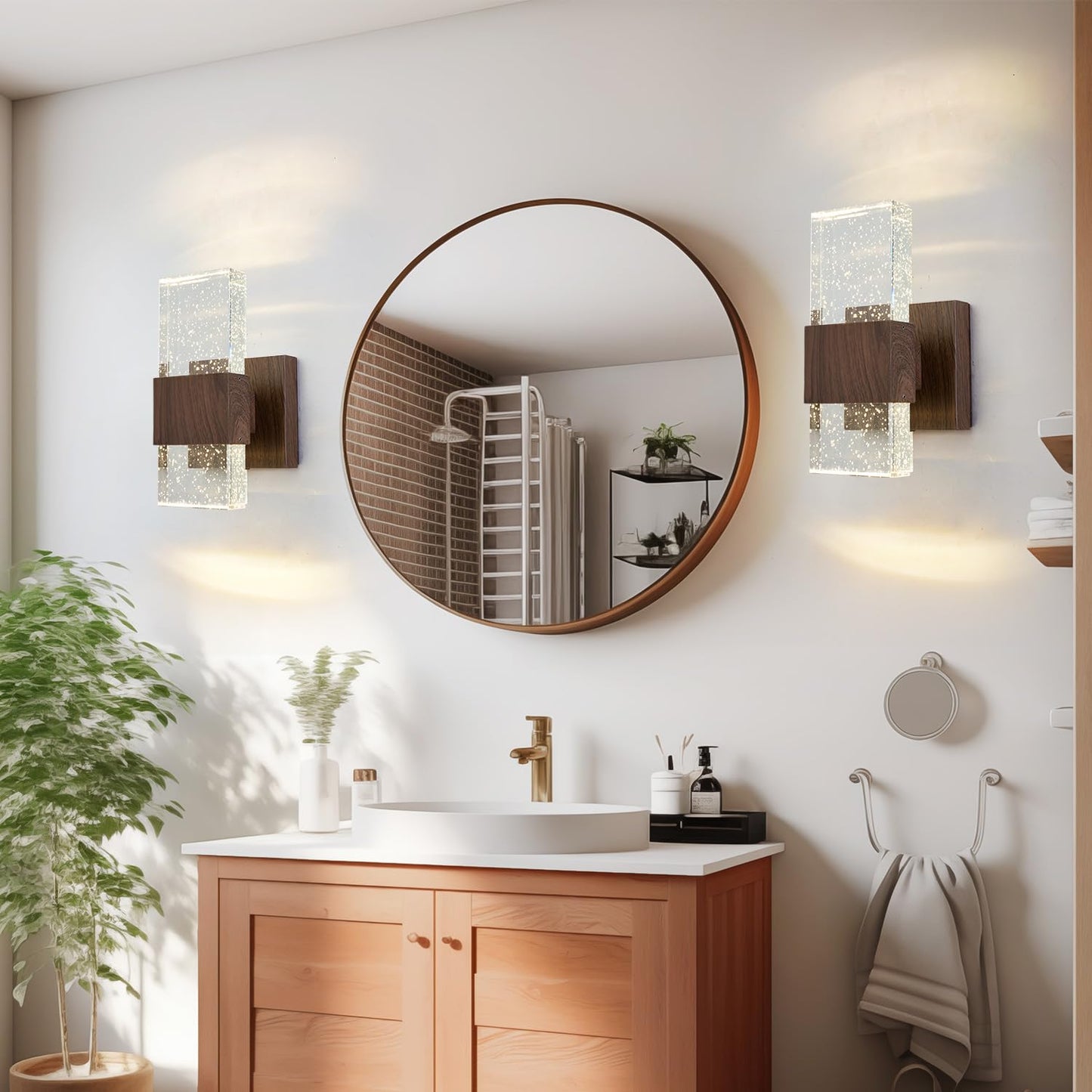 ZUIMEITIANS Bubble Crystal Wood Style Wall Sconce Walnut Finish Wall Lamp LED Sconce Rustic Wall light Fixture for Bedroom Living Room Bathroom