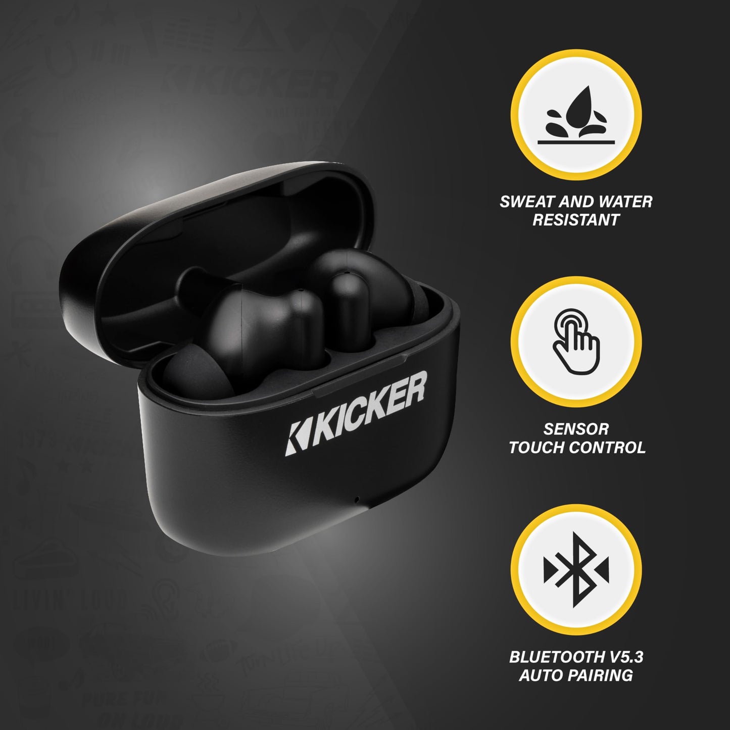 KICKER TWS2 True Wireless Earbuds, Bluetooth Earbuds with Microphone, Environmental Noise Cancelling, Wireless Earphones for Android and iOS, Fast