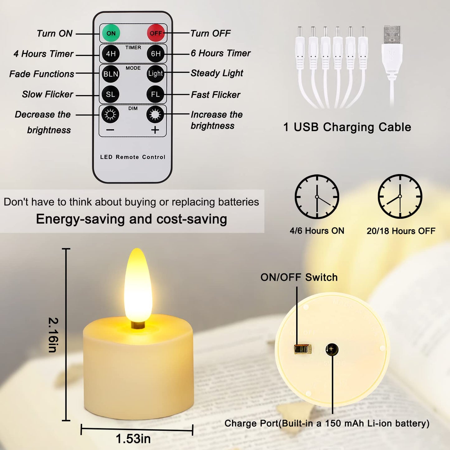 FREEPOWER Rechargeable Flameless Tea Lights Candles Flickering with Remote Timer, Black Wick Battery Operate LED Tealights for Home Decor, Party