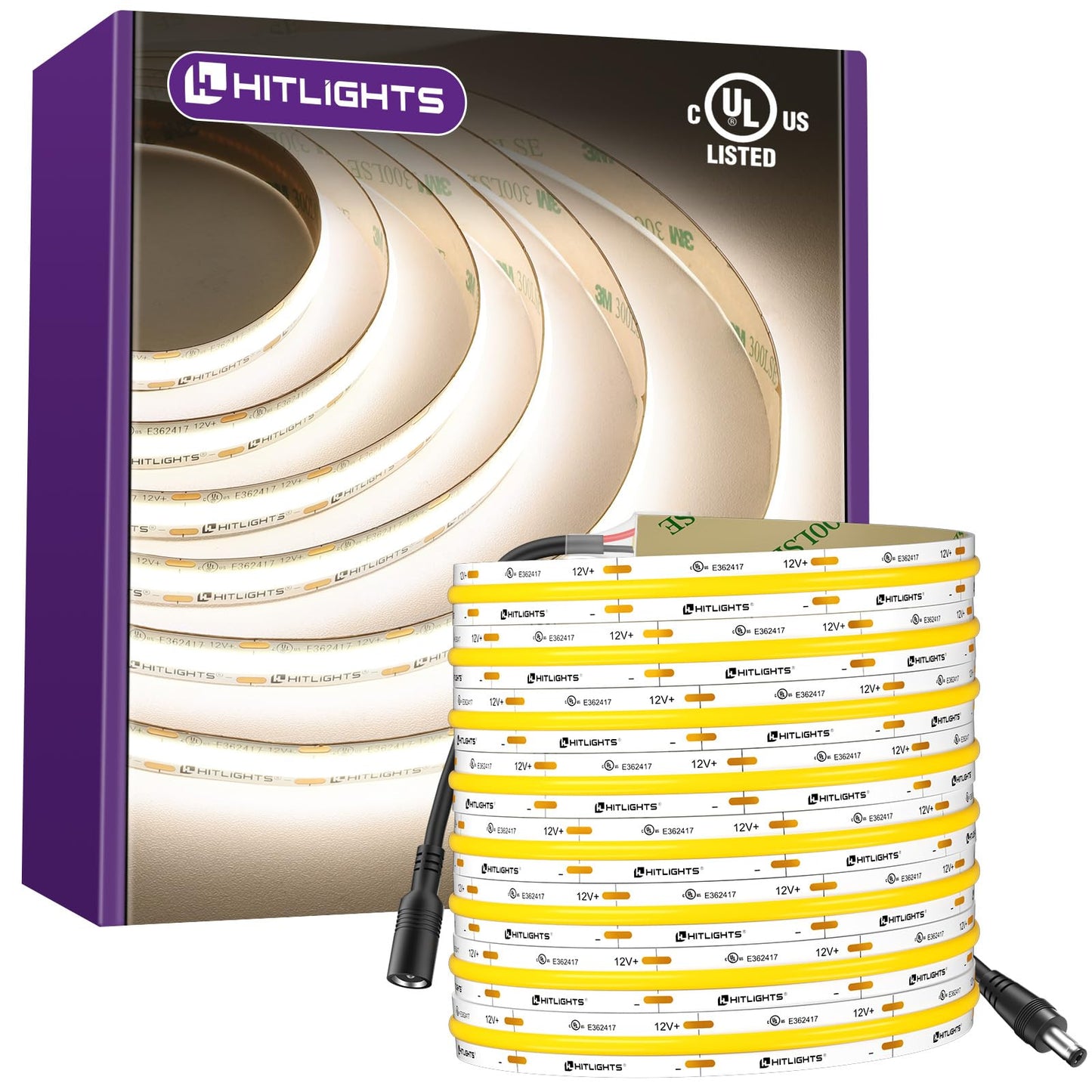 HitLights White COB LED Strip Lights 4000K, 12V Tape Light 16.4ft, 2640 LEDs, 426 lm/ft, CRI 90+, IP30, Premium High Density Lighting for Kitchen