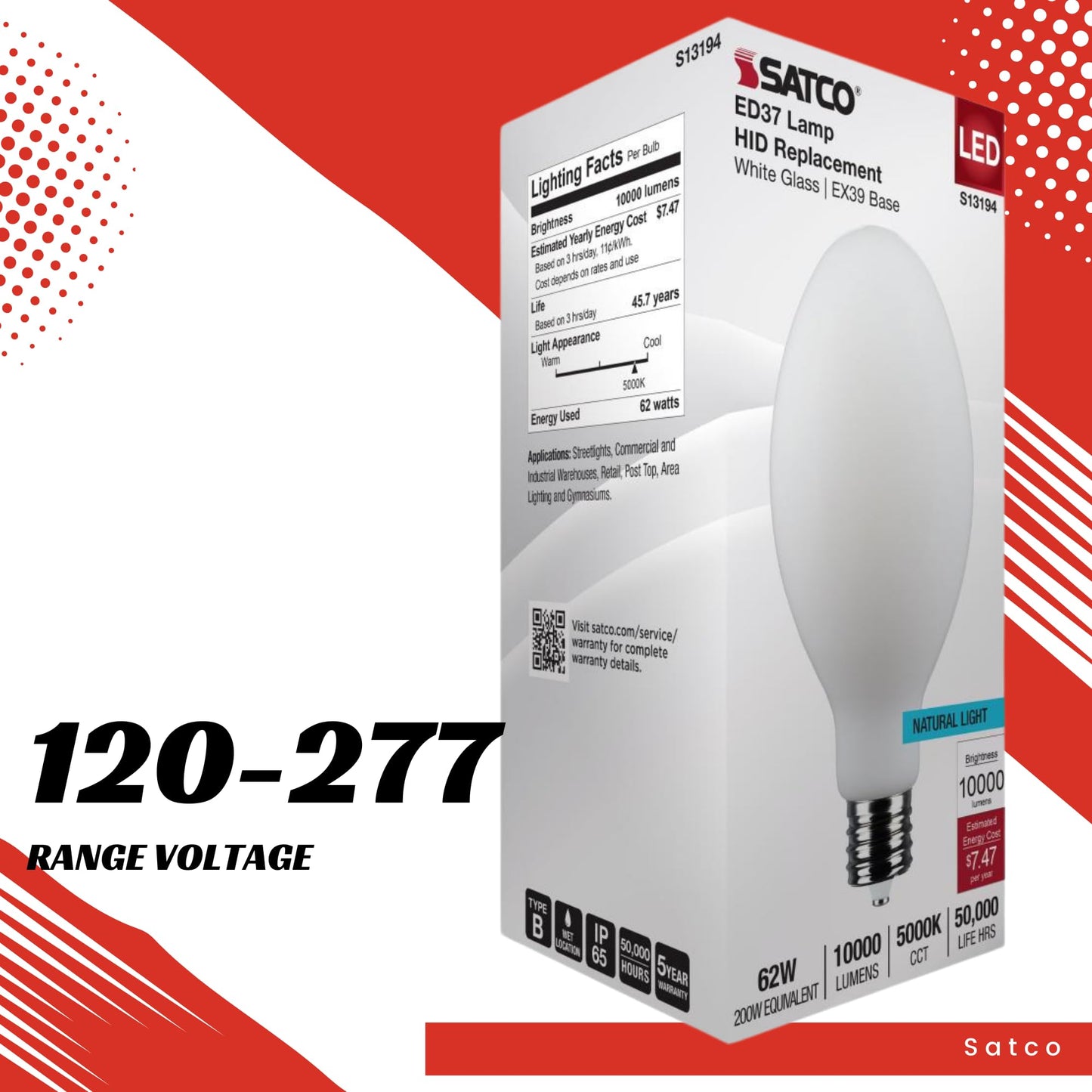 Satco S13194 62W LED HID Replacement Bulb, 5000K Natural Light, 10,000 Lumens, EX39 Mogul Extended Base, White Finish, 80+ CRI, Non-Dimmable,