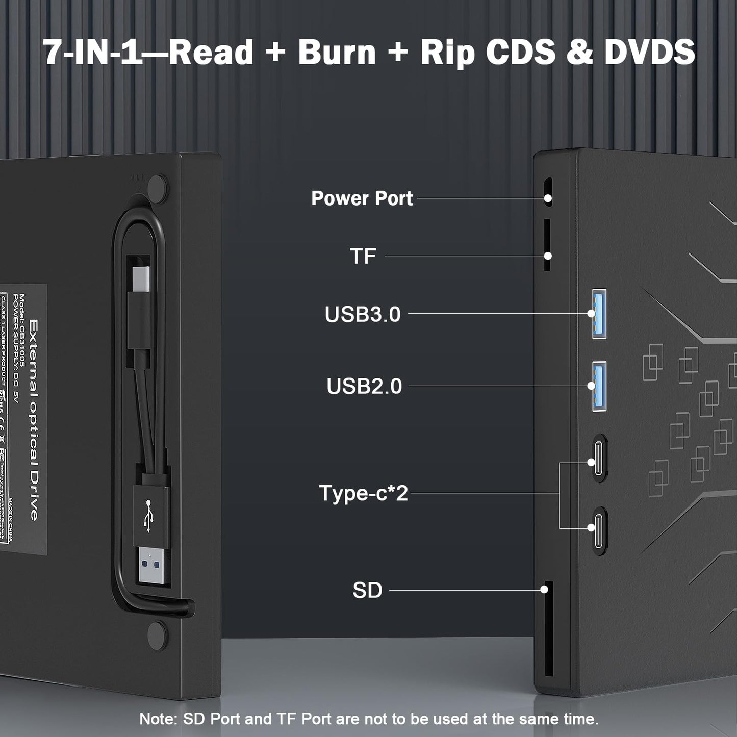 7 in 1 External DVD Drive, External CD/DVD Drive for Laptop USB 3.0 & Type-C, Portable CD/DVD +/-RW Disk Drive, CD/DVD Burner CD ROM External Drive