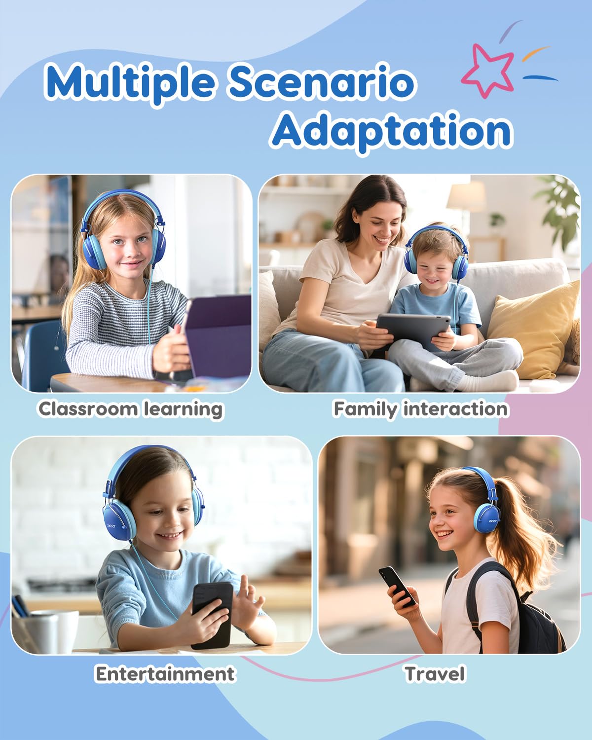 Acer Kids Headphones for School, 74/85dB Safe Volume, Kids Headphones with Cord, 3.5mm Jack, Stereo Sound Wired On-Ear Headphones for Airplane Travel