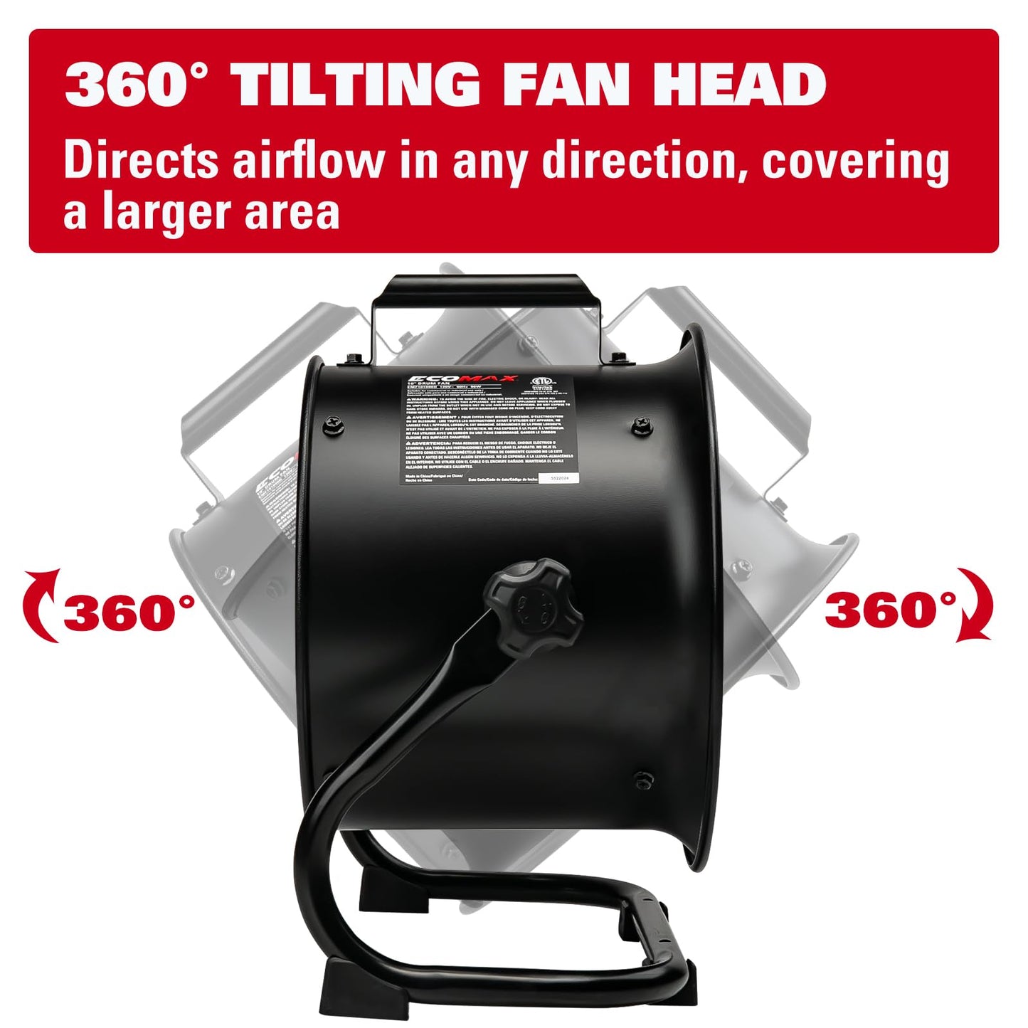 ECOMAX Drum Fan, 10 Inch High Velocity Industrial Shop Fan, Ultra-Quiet