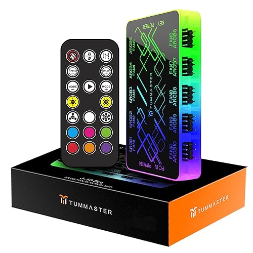 TUMMASTER ARGB Fan HUB, 9/10 Port 4 Pin PC Fan Controller, 5V-3Pin LED Hub, Magnetic Suction, SATA Power Input,RF Remote & Chassis Key