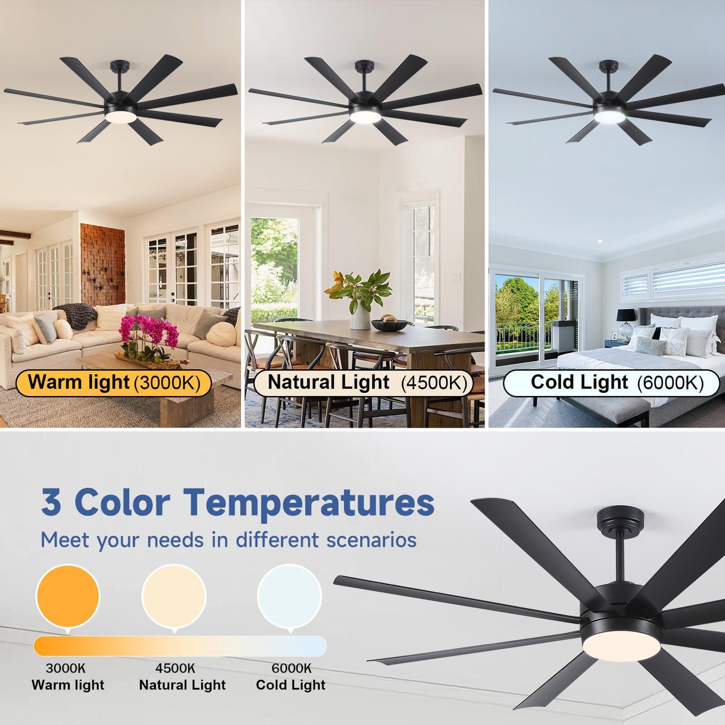 qlodgat 72 Inch Ceiling Fans with Lights, Ceiling Fans with Lights and Remote, Dimmable, Indoor/Outdoor Black Modern Ceiling Fan for Kitchen Living