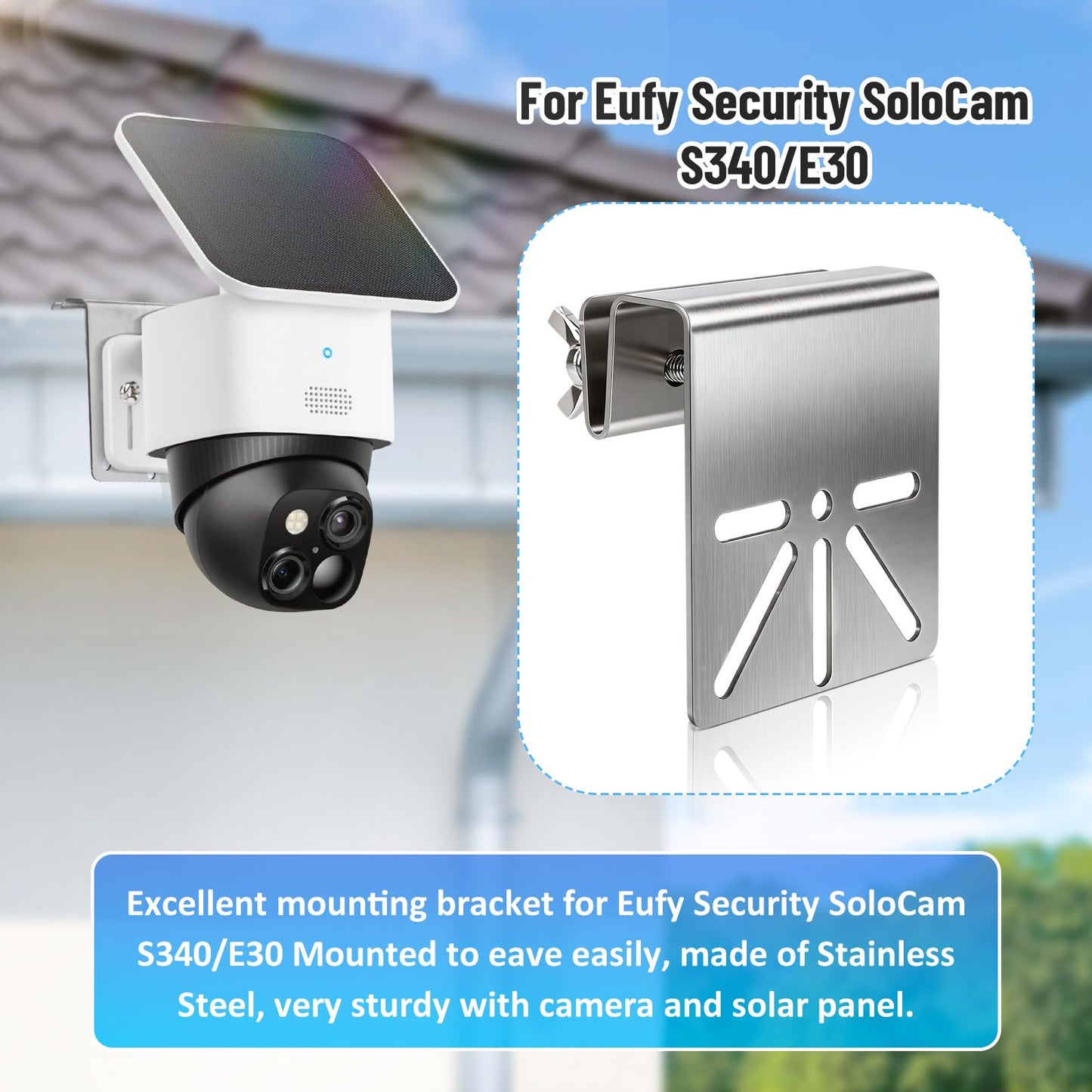 2 Pcs Gutter Mount Bracket for Eufy Security SoloCam S340/E30, Stainless Steel Gutter Mount for Security Camera with Anti-Rust Screws, No Drill