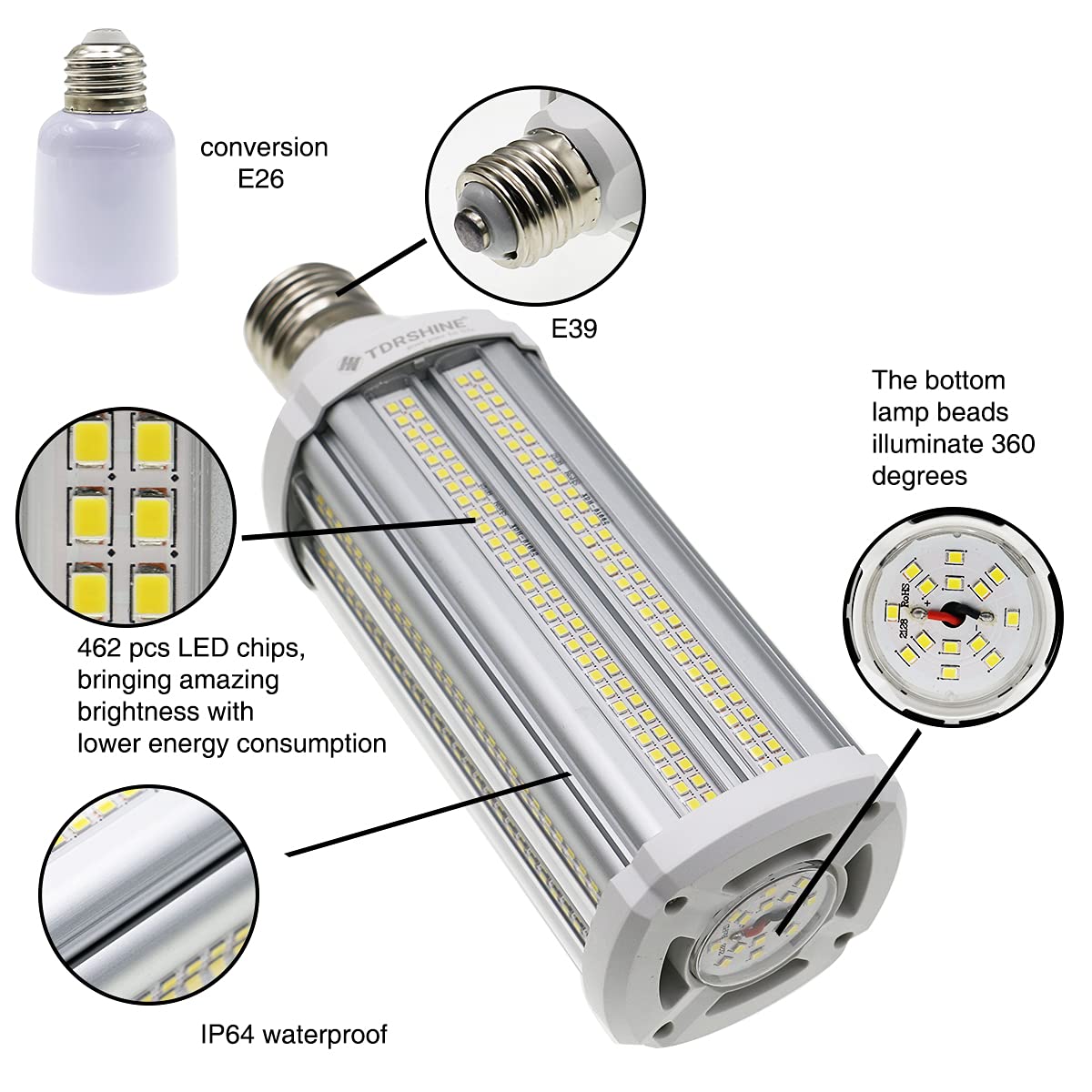 NC Super Bright 60W LED Corn Light Bulb 450 Watt Equivalent 7500 Lumens E39 Large Mogul Base Large Area 5000K Daylight White Outdoor Indoor Garage