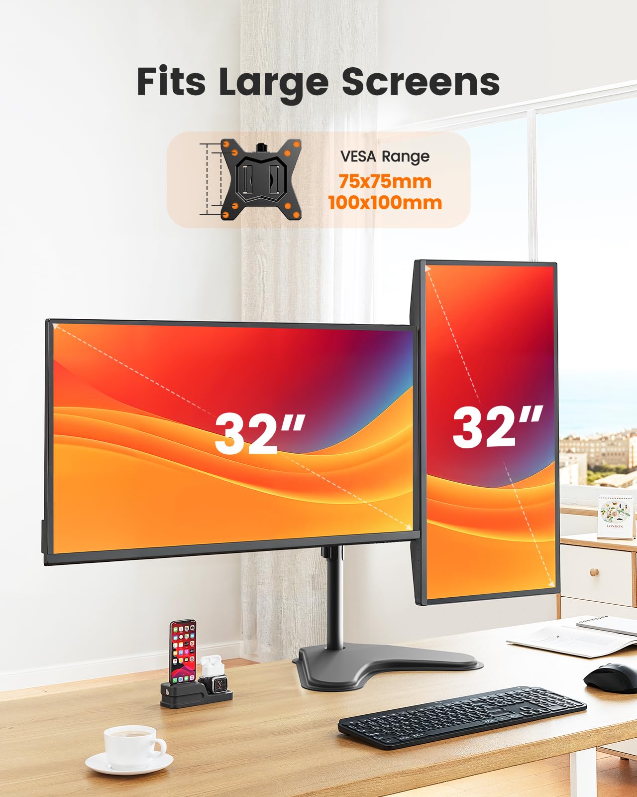 ErGear Freestanding Dual Monitor Stand for 2 Screens up to 32 inch, Heavy Duty Monitor Mount Holds Max 17.6 lbs per Arm, Height Adjustable Gaming