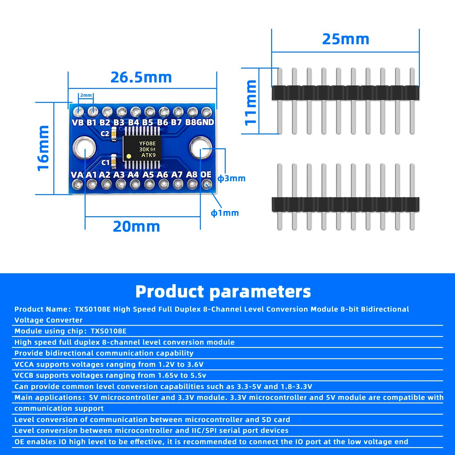 DaFuRui 10PCS TXS0108E High Speed Full Duplex 8 Way 8 Channel Level Conversion Module 8-Bit 8 CH Logic Level Bi-Directional Converter Module