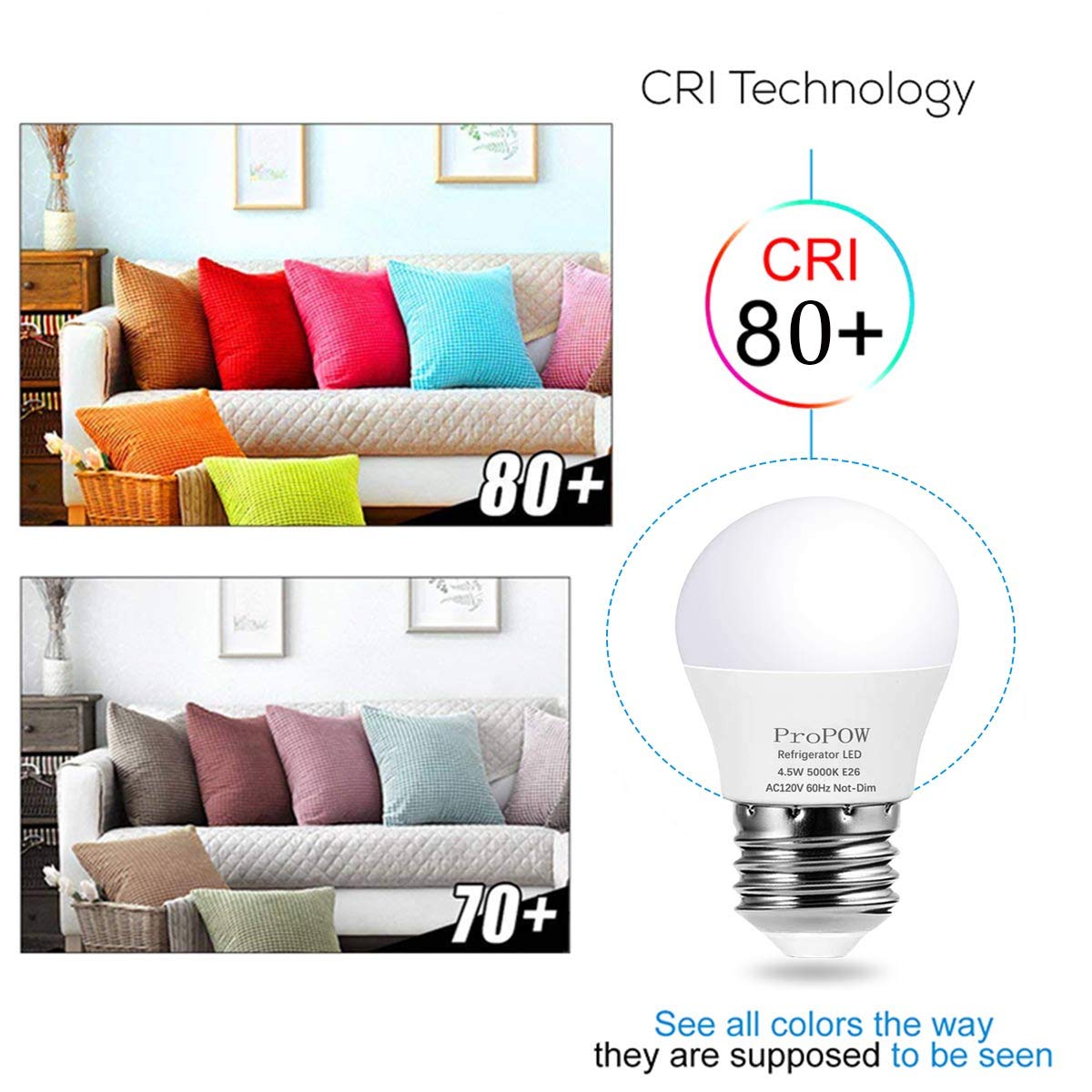 ProPOW LED Refrigerator Light Bulb 40 Watt Equivalent 120V 4.5W Fridge Bulbs Daylight White 5000K E26 Medium Base, Energy Saving A15 Freezer Light