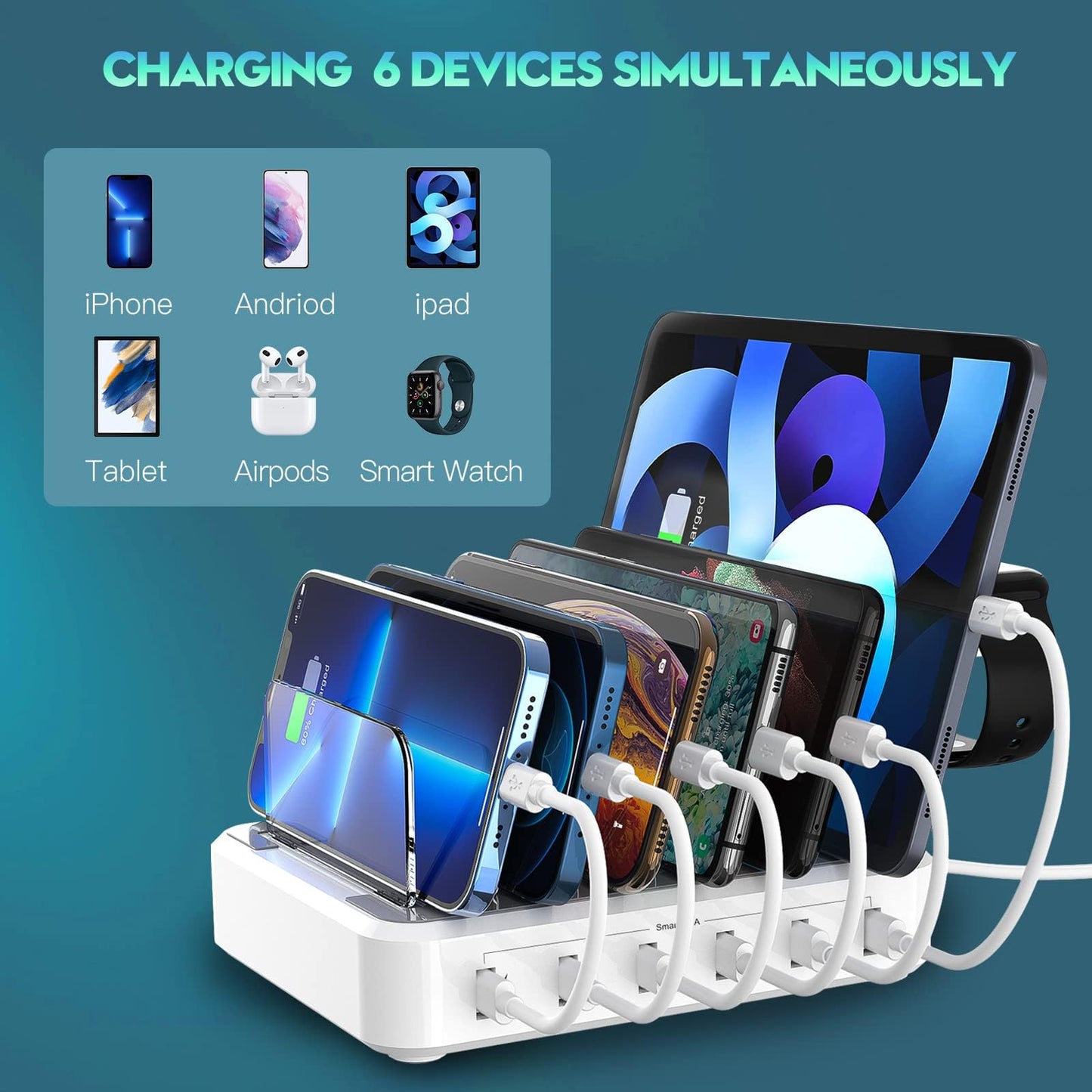 Charging Station for Multiple Devices,60W 6 Port Charger Station with 7 Mixed Charging Cables,USB Charging Dock,Compatible with Cellphone,Tablet