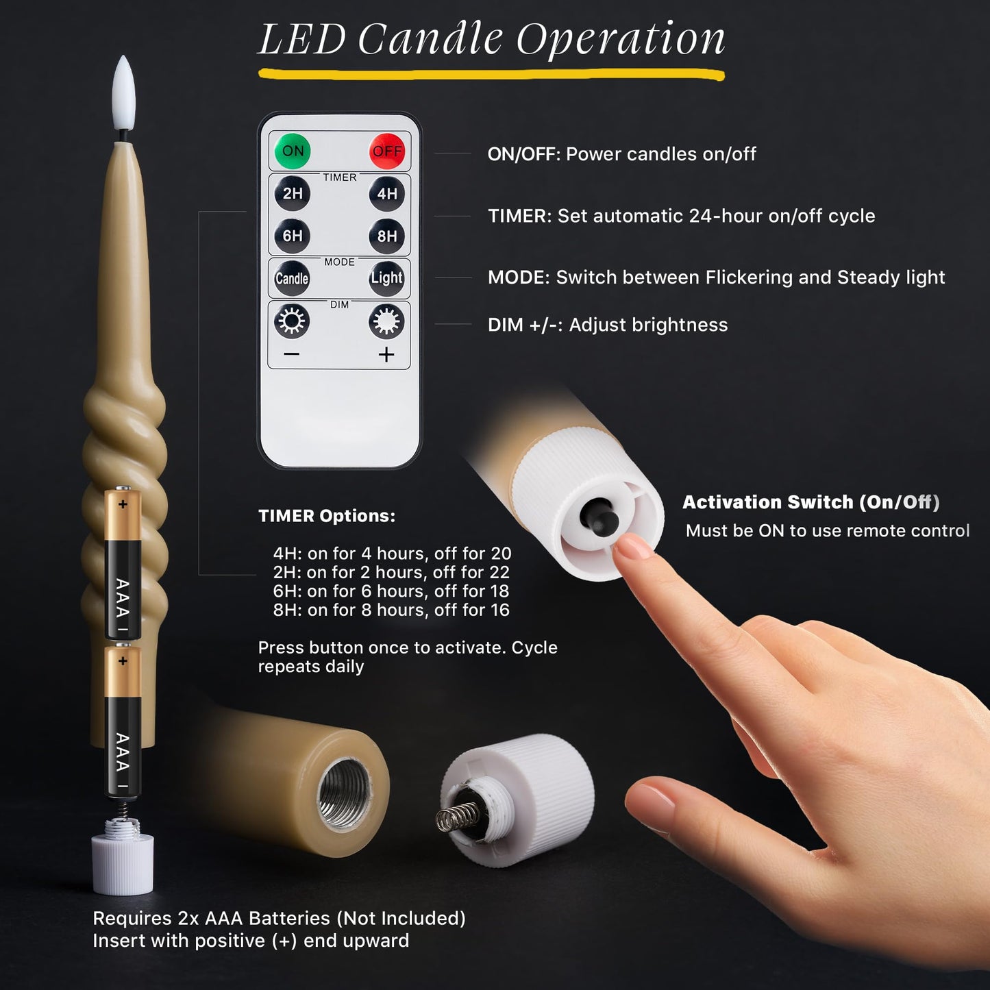 WYZworks 10" Smooth Taper with Twist LED Taper Candles - Light Tan, Set of 6 - Remote, 2/4/6/8-Hr Timer (24-hr Memory), Bottom On/Off Button