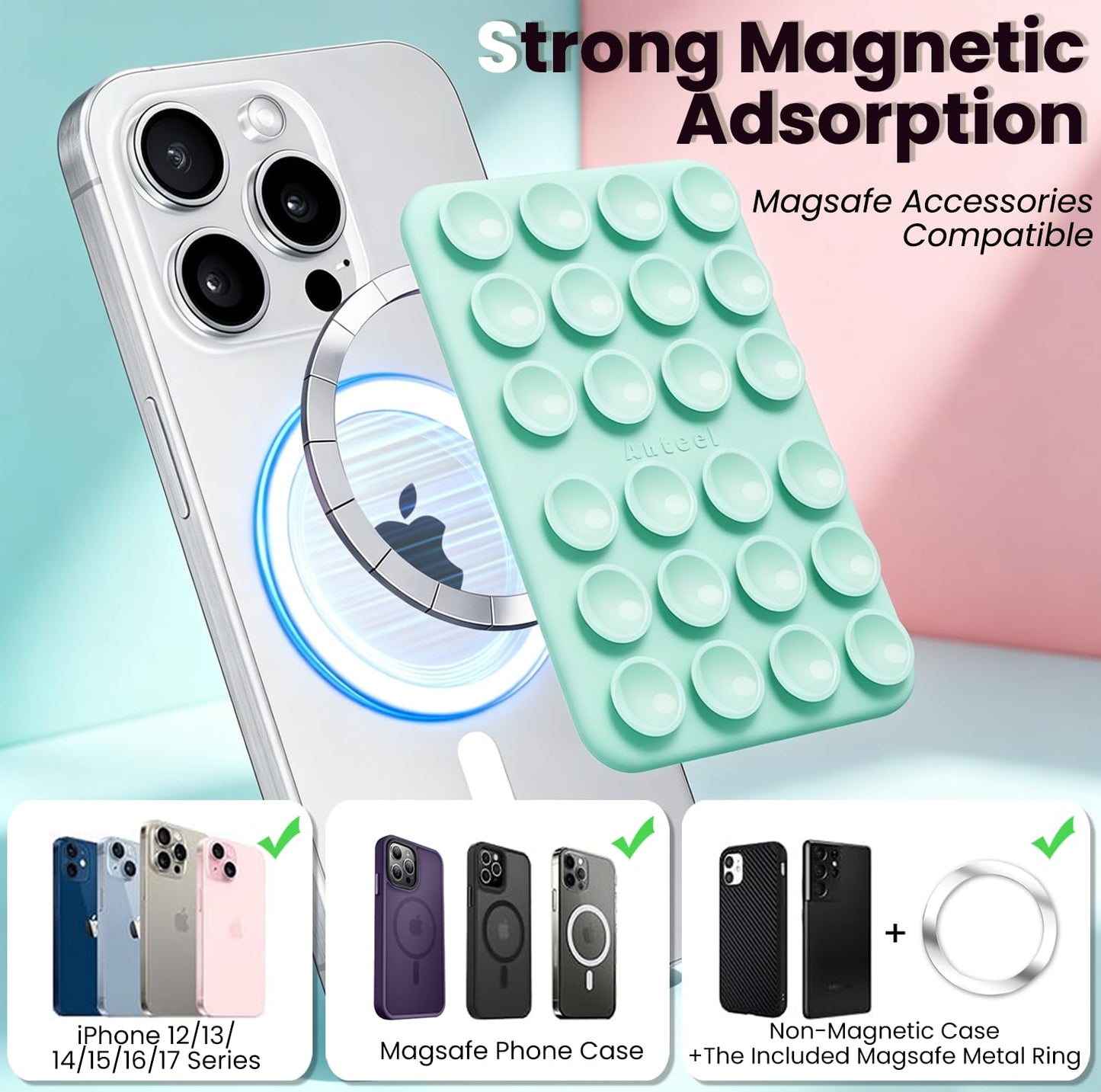 Anteel 2026 Upgraded Magnetic Suction Phone Holder, Clear Silicone Suction Sticky Grip Holder for iPhone 12 13 14 15 16 17 Series, Suction Mirror