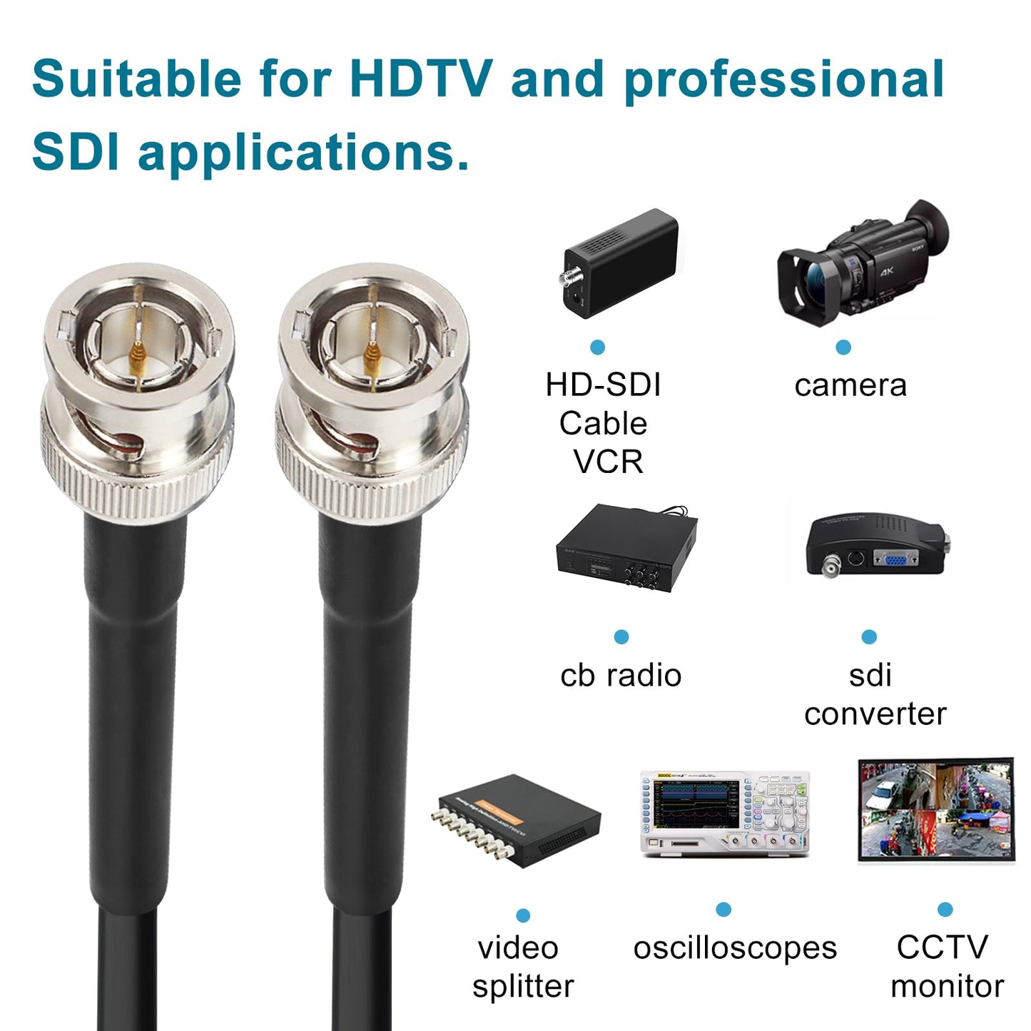 XRDS -RF 12G SDI Cable 3FT, SDI Video Cable 3G/6G/12G 75ohm BNC Male Cable Supports HD-SDI/3G/6G-SDI/4K for Video Security Camera SDI Converter, Black