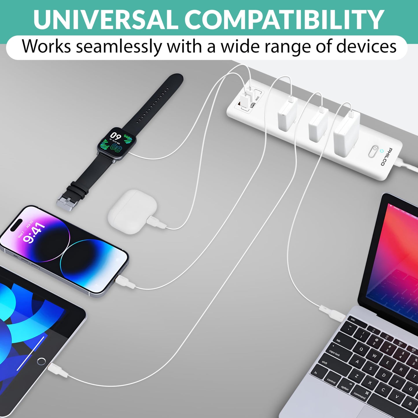 Power Strip with 3 AC Outlets, 30W USB-C Port, 2 USB-A Ports & 6ft Extension Cord - LED Indicator, Fast Charging for Laptops, Phones & More - Compact