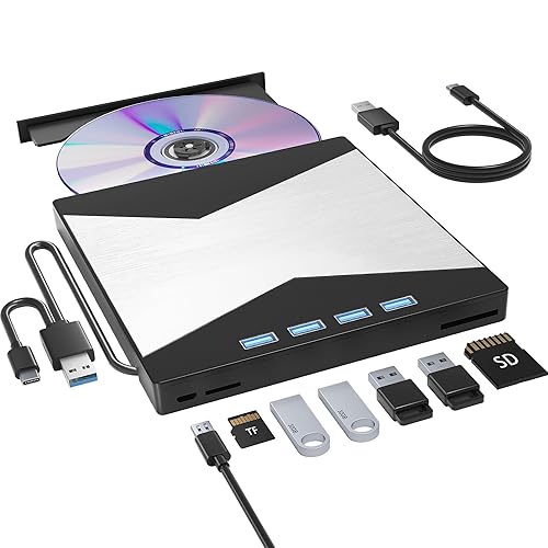 Wbacon External CD/DVD Drive for Laptop, DVD Player for Laptop, 8 in 1 Ultra-Slim CD Burner with 4 USB Ports and 2 TF/SD Card Slots, External Disk