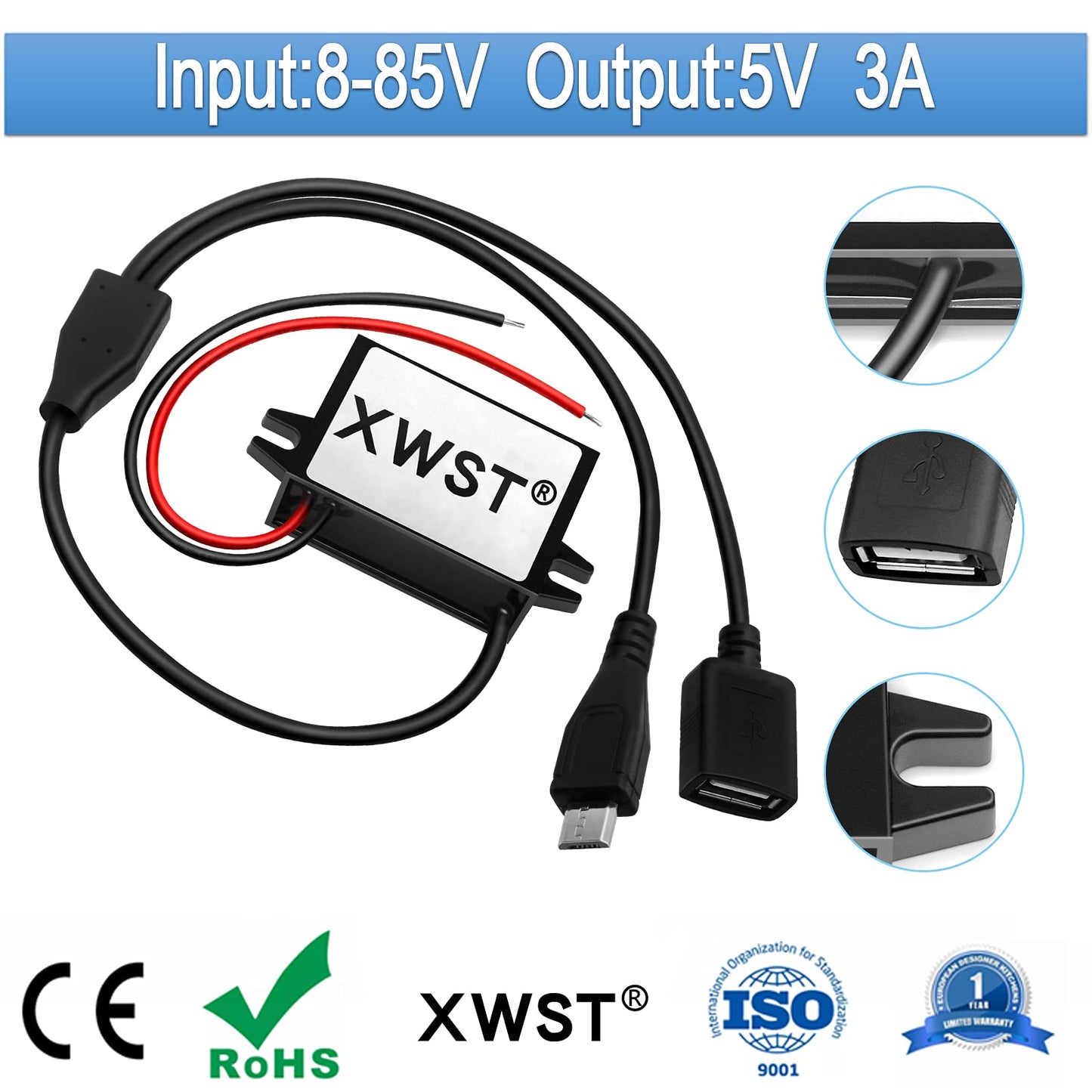 XWST DC DC 8-85V to 5V USB Converter 12V 24V 36V 48V 60V 72V to 5V 3A 15W with Micro and USB Output Power Adapter Converter Voltage Buck…