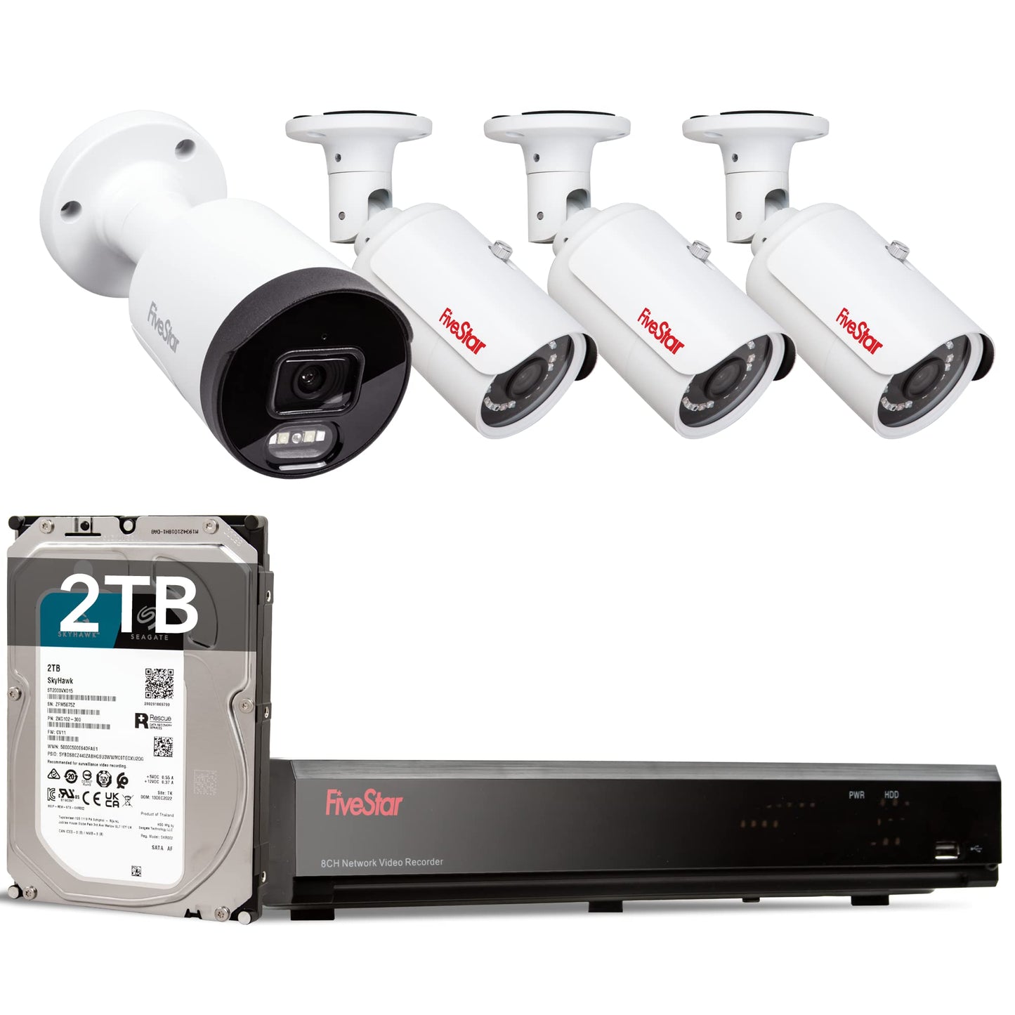 Five Star 4K Professional Security Metal Case Camera System, 1pc H.265+ 5MP Smart Detection AI Camera & 3pcs 5MP PoE Security Cameras Wired with 4K