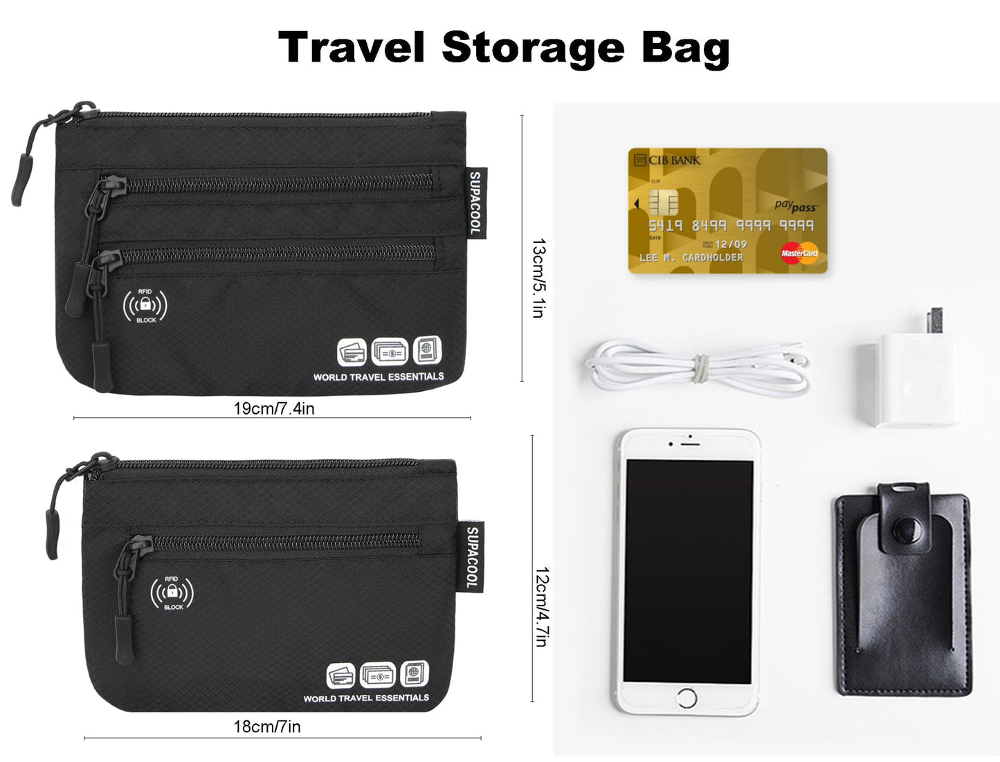 SUPACOOL Passport Holder Bag – RFID Blocking Travel Wallet & Card Organizer Pouch for Men, Women & Family, 2-Piece Set, Black