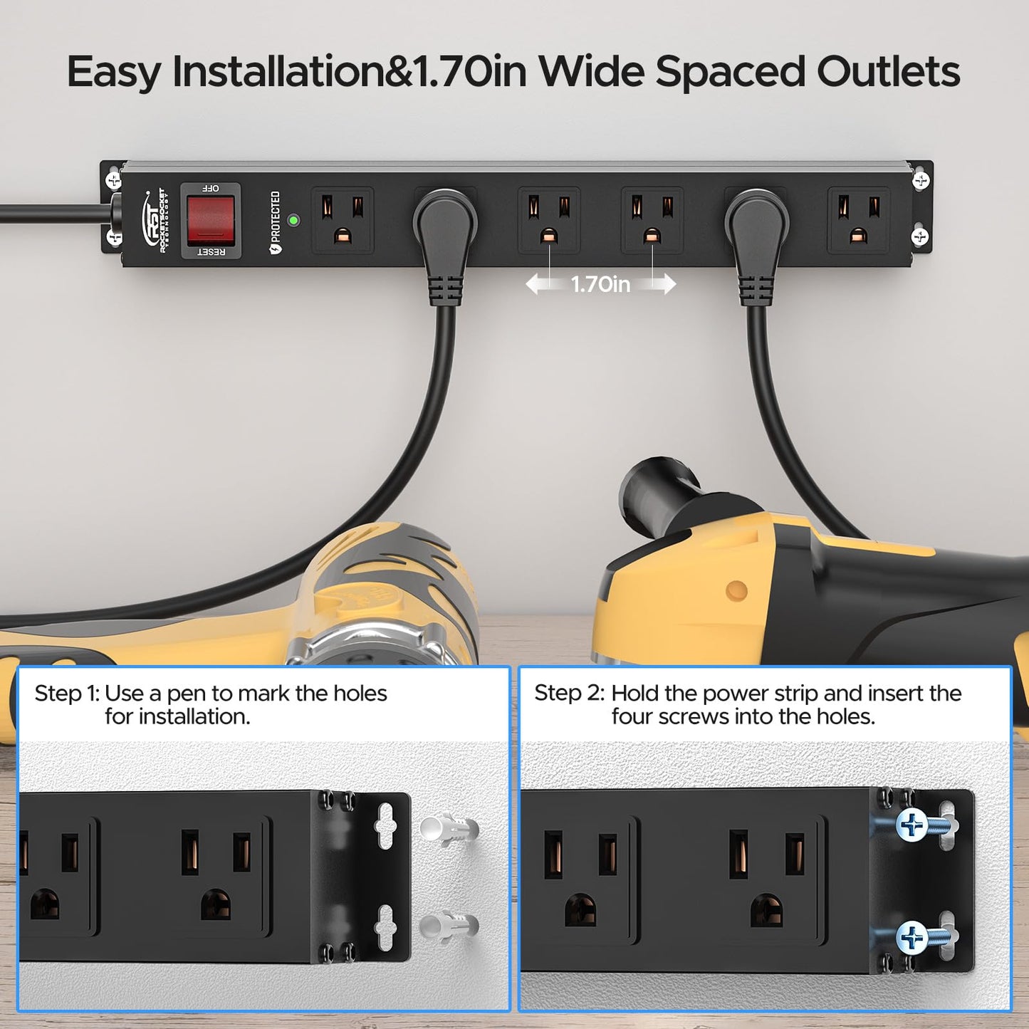 CRST 6 Outlet Heavy Duty Power Strip with Switch, 15A/1875W Metal Mountable Power Strip Surge Protector 2100Joules, Wide Spaced Power Bar for Garage