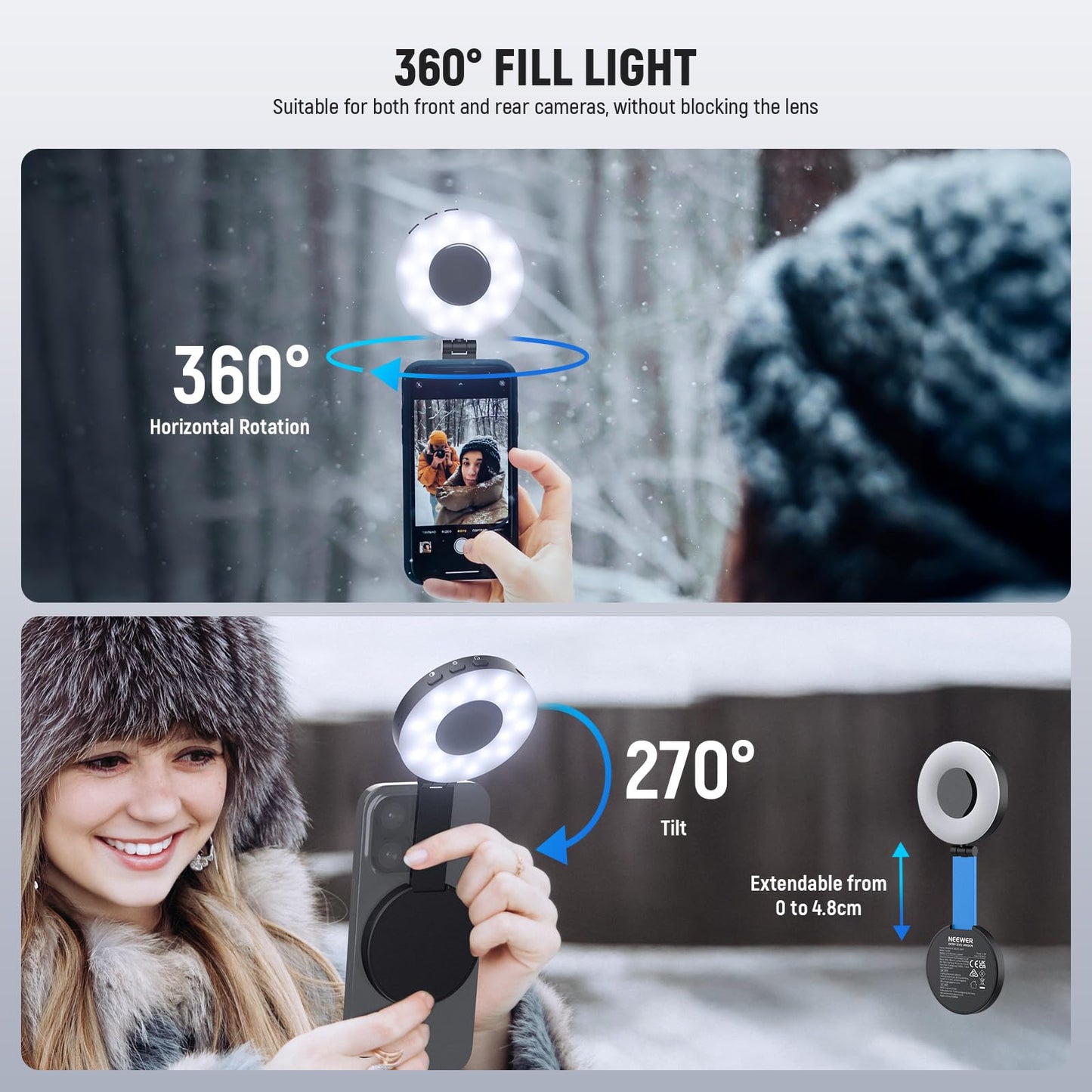 NEEWER ENTRY LEVEL VERSION Magnetic Selfie Light Compatible with MagSafe iPhone, 4 Mode CRI95+ 914lx 1.5W Plastic Folding Small LED Phone Fill Ring