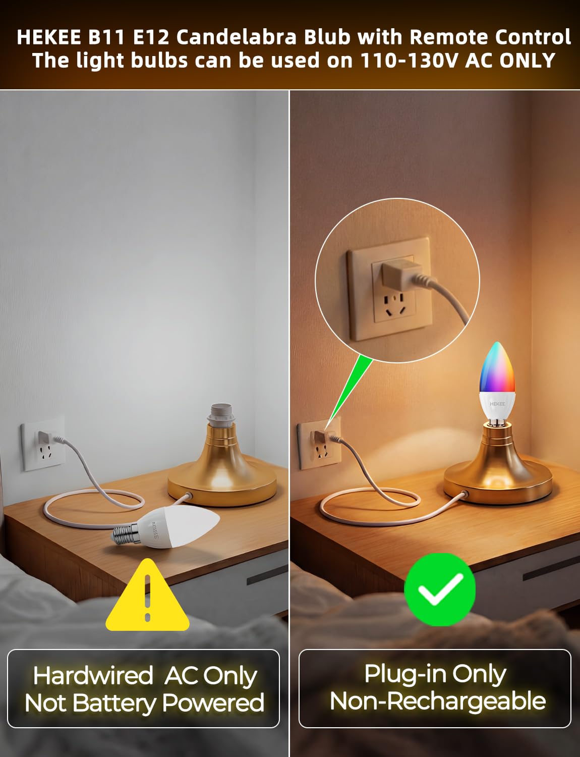 HEKEE E12 Candelabra Light Bulbs, 120V Color Changing Bulb with Remote, Plug-in Only, E12 Base, 12 RGB+2700K Warm White, 40W Equiv (5W), 450LM, Timer