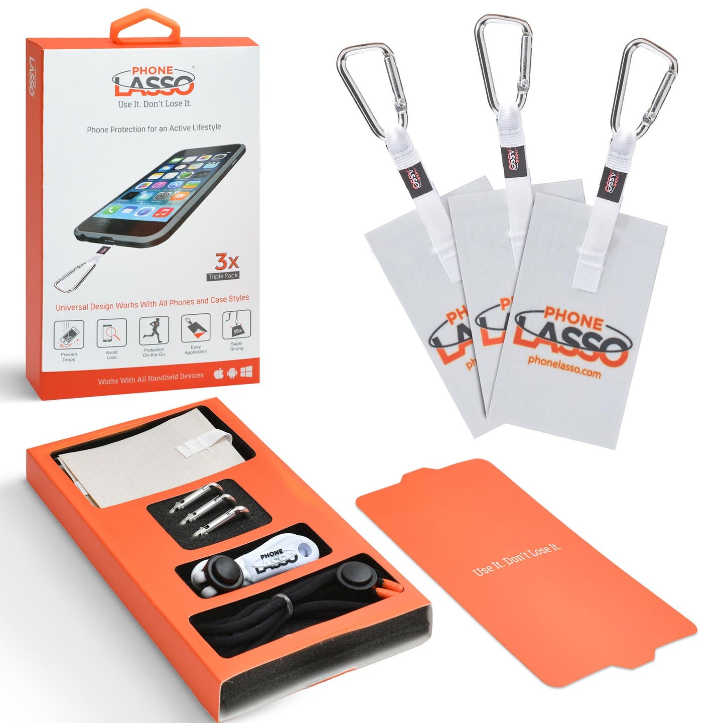 Phone Lasso® Tether Set - Adjustable Neck Strap & Wrist Strap with 2 Grip Patches, Fits Most Cases, Compatible with iPhone, Samsung, Android