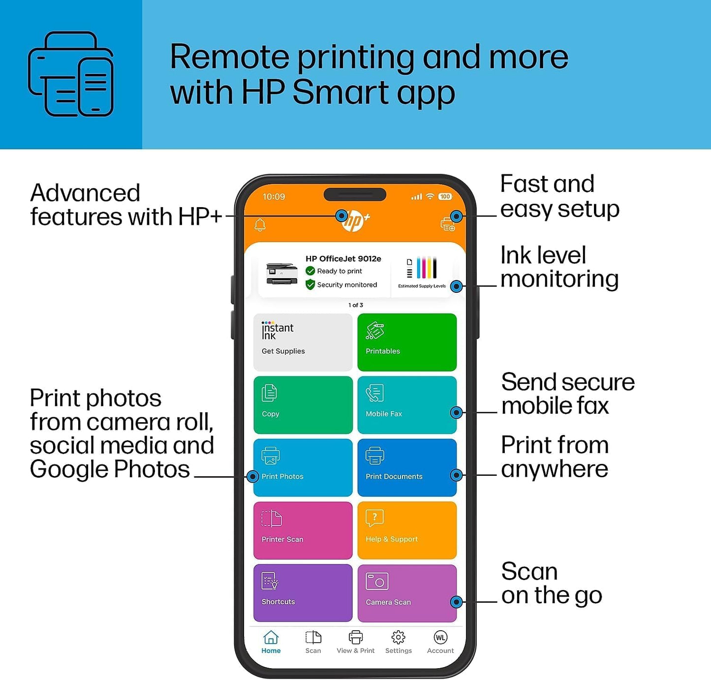 HP OfficeJet 9012e All-in-One Color Inkjet Wireless Printer Scanner Copier Fax with 6-month Instant Ink Included Mobile Computer Printers for Home Use