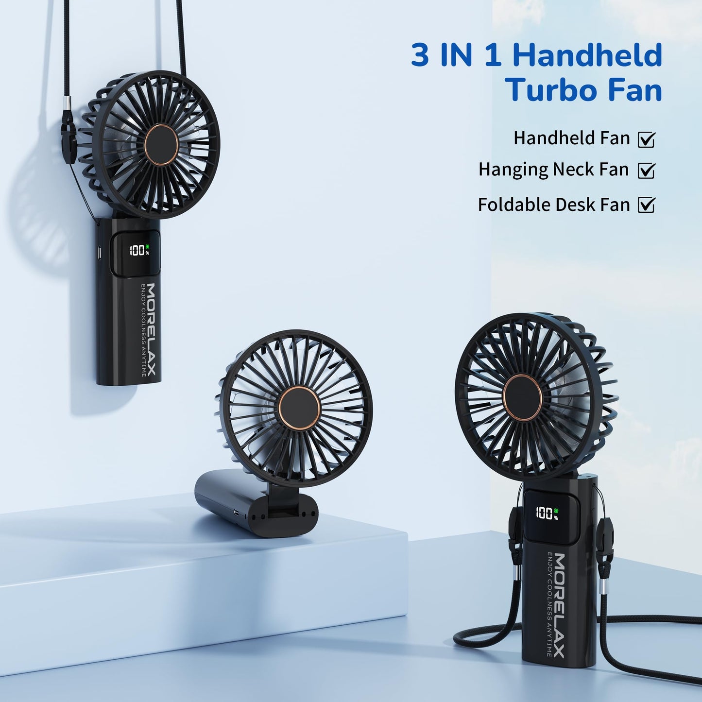 Portable Handheld Fan, USB Rechargeable Foldable Mini Personal Fan, 5200mAh, 180 Adjustable, 6 Speed Wind, 3 IN 1 Hand Cooling Desk Fan with LED